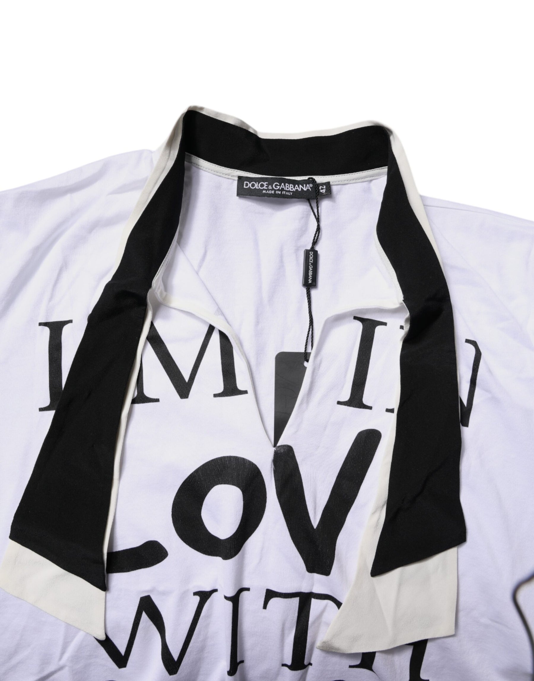 Dolce & Gabbana White Cotton Silk Blend Ascot Collar T-shirt | Regal Royce