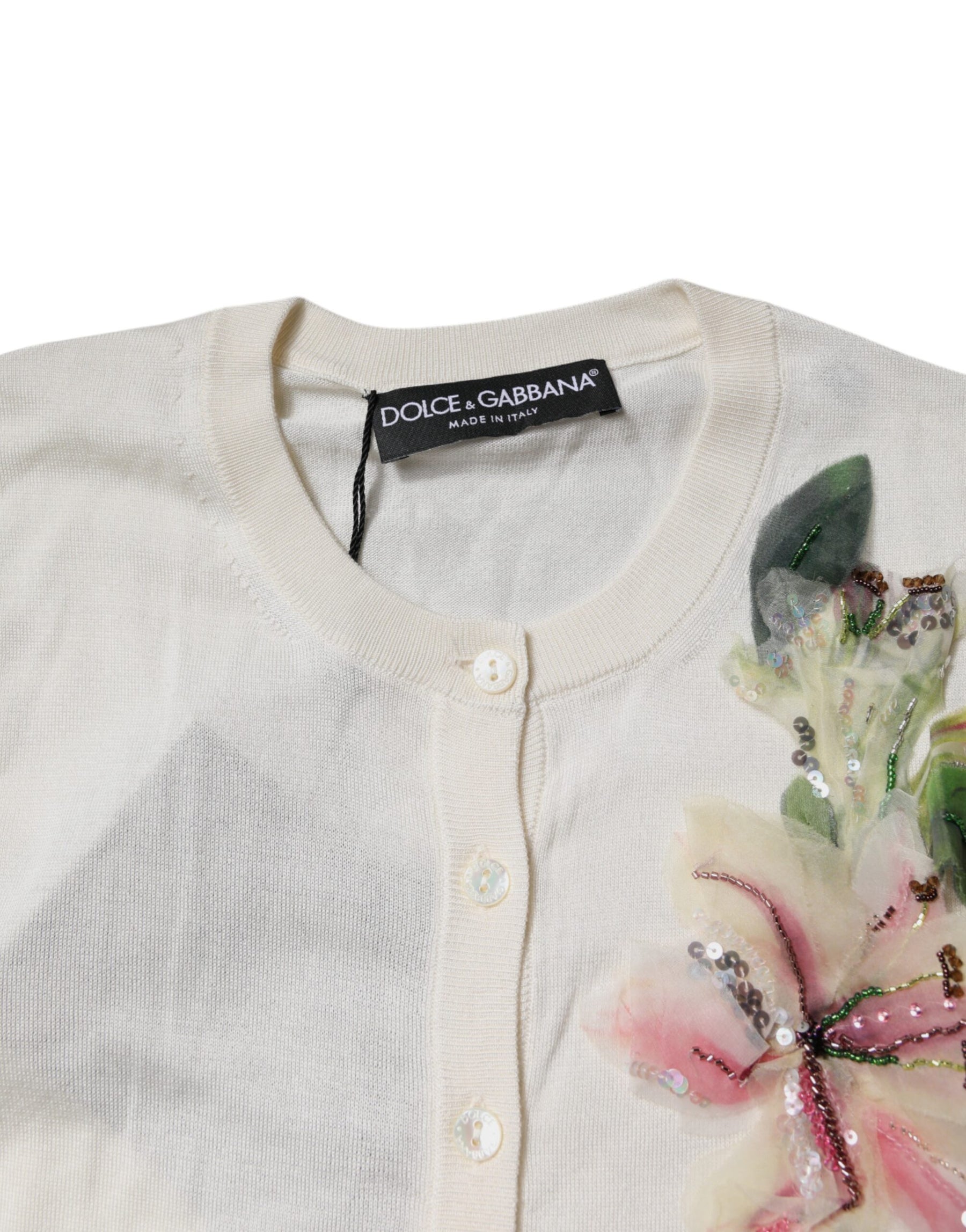 Dolce & Gabbana Cream Floral Silk Embellished Cardigan Sweater | Regal Royce