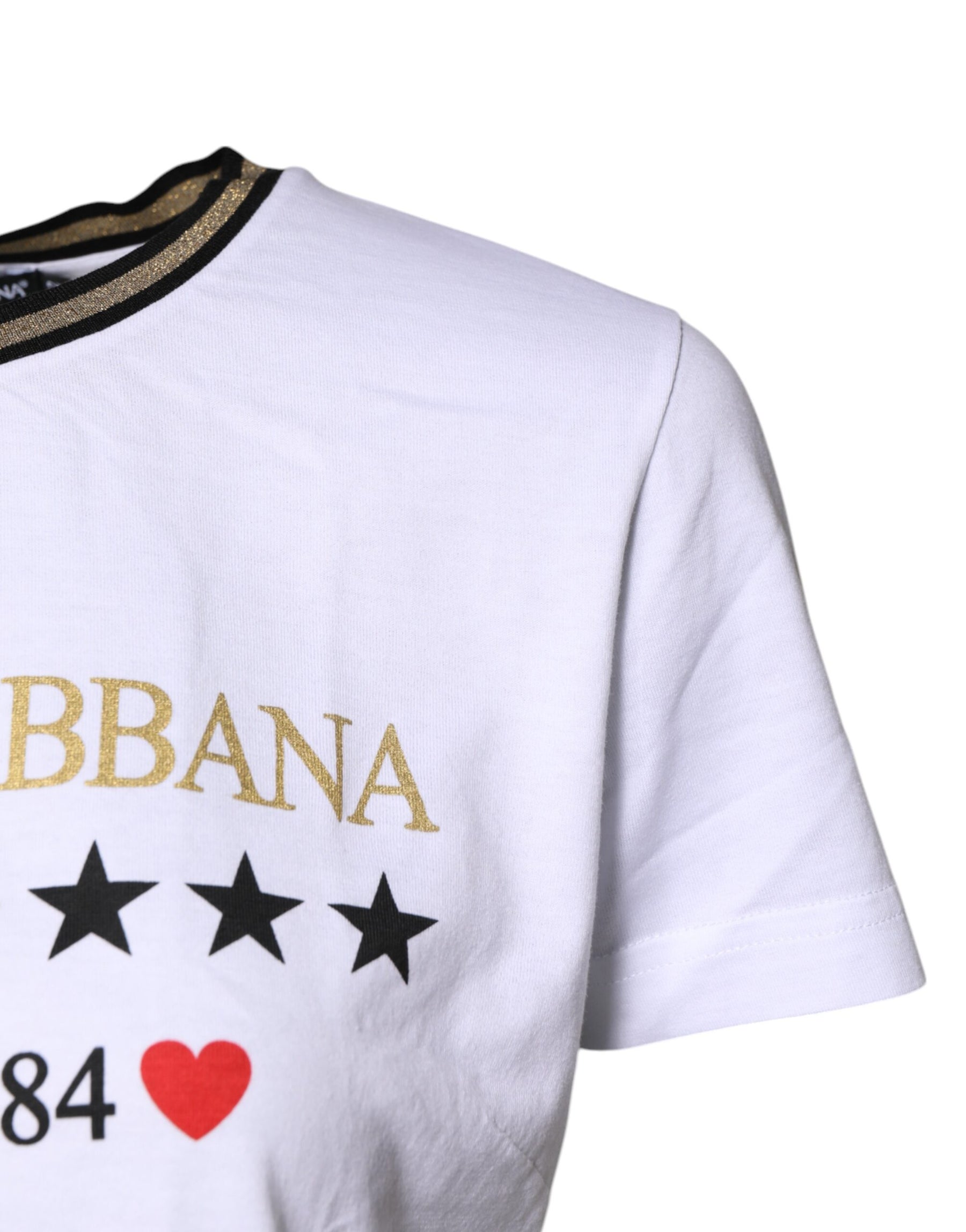 Dolce & Gabbana White Printed Round Neck Top Cotton T-shirt | Regal Royce