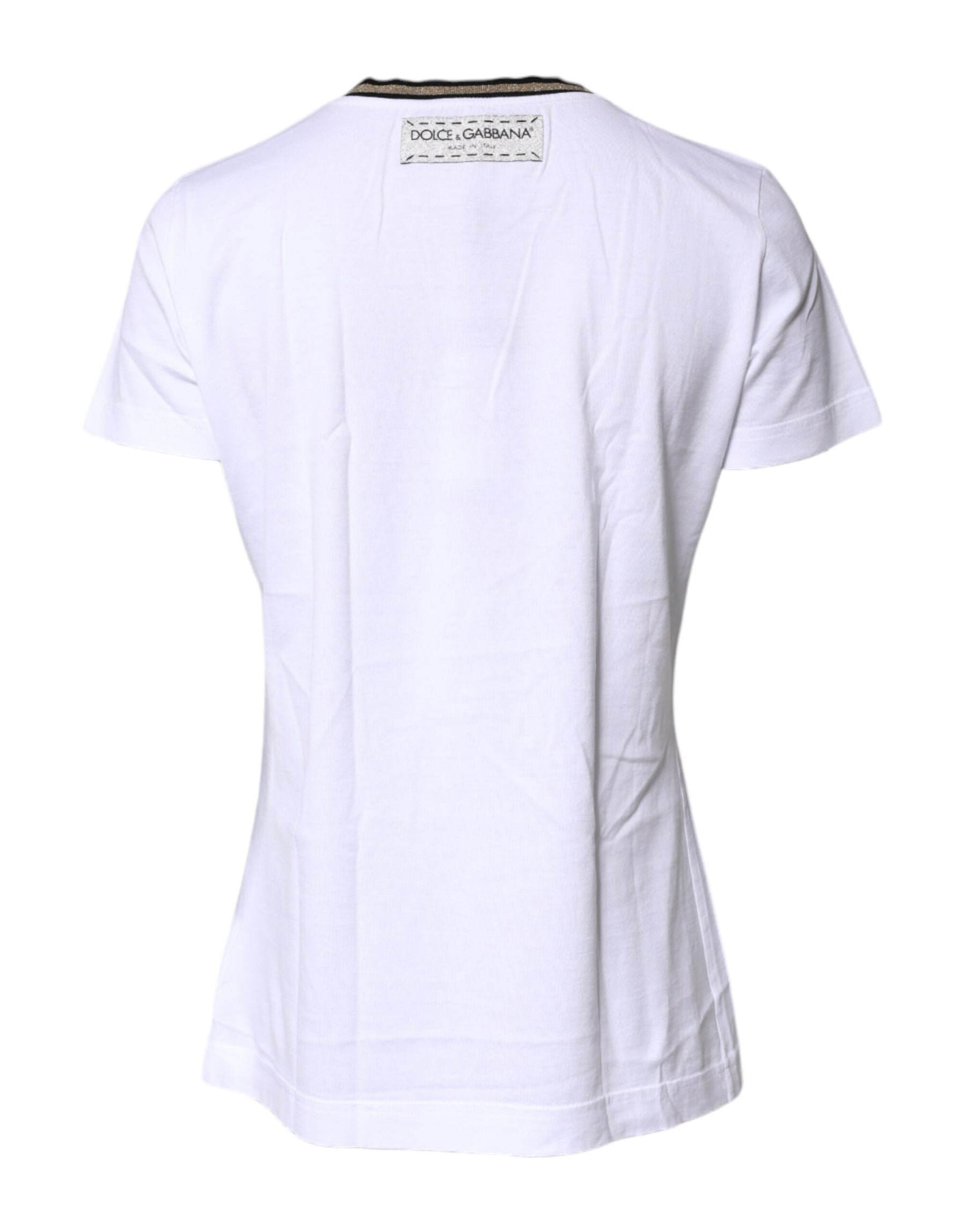 Dolce & Gabbana White Printed Round Neck Top Cotton T-shirt | Regal Royce