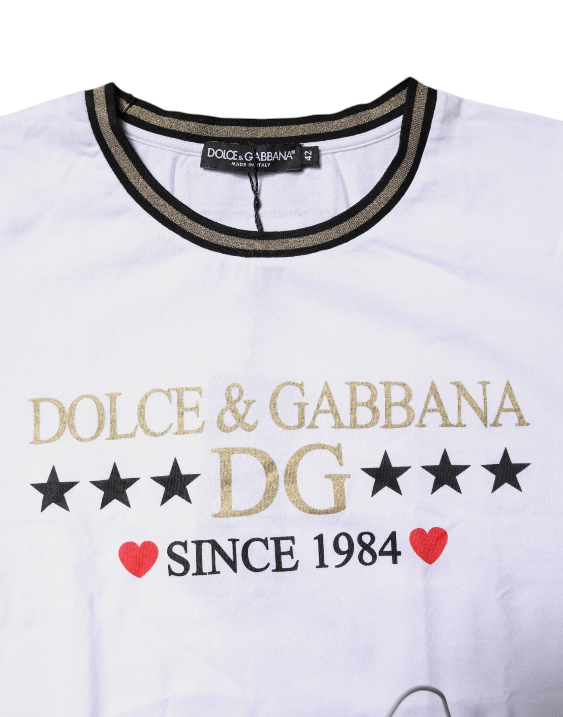 Dolce & Gabbana White Printed Round Neck Top Cotton T-shirt | Regal Royce