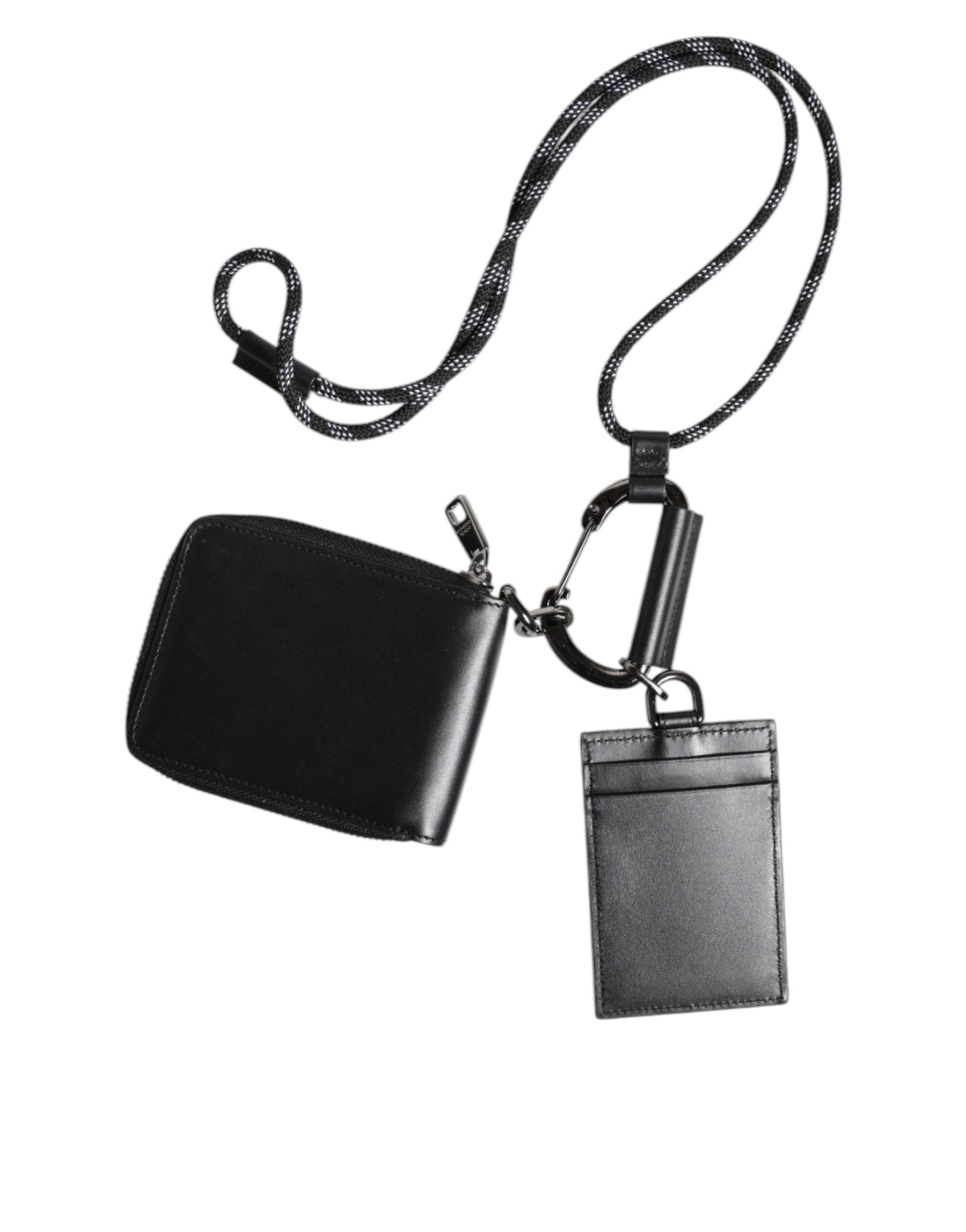 Dolce & Gabbana Black Leather Lanyard Zip Around Card Holder Wallet | Regal Royce