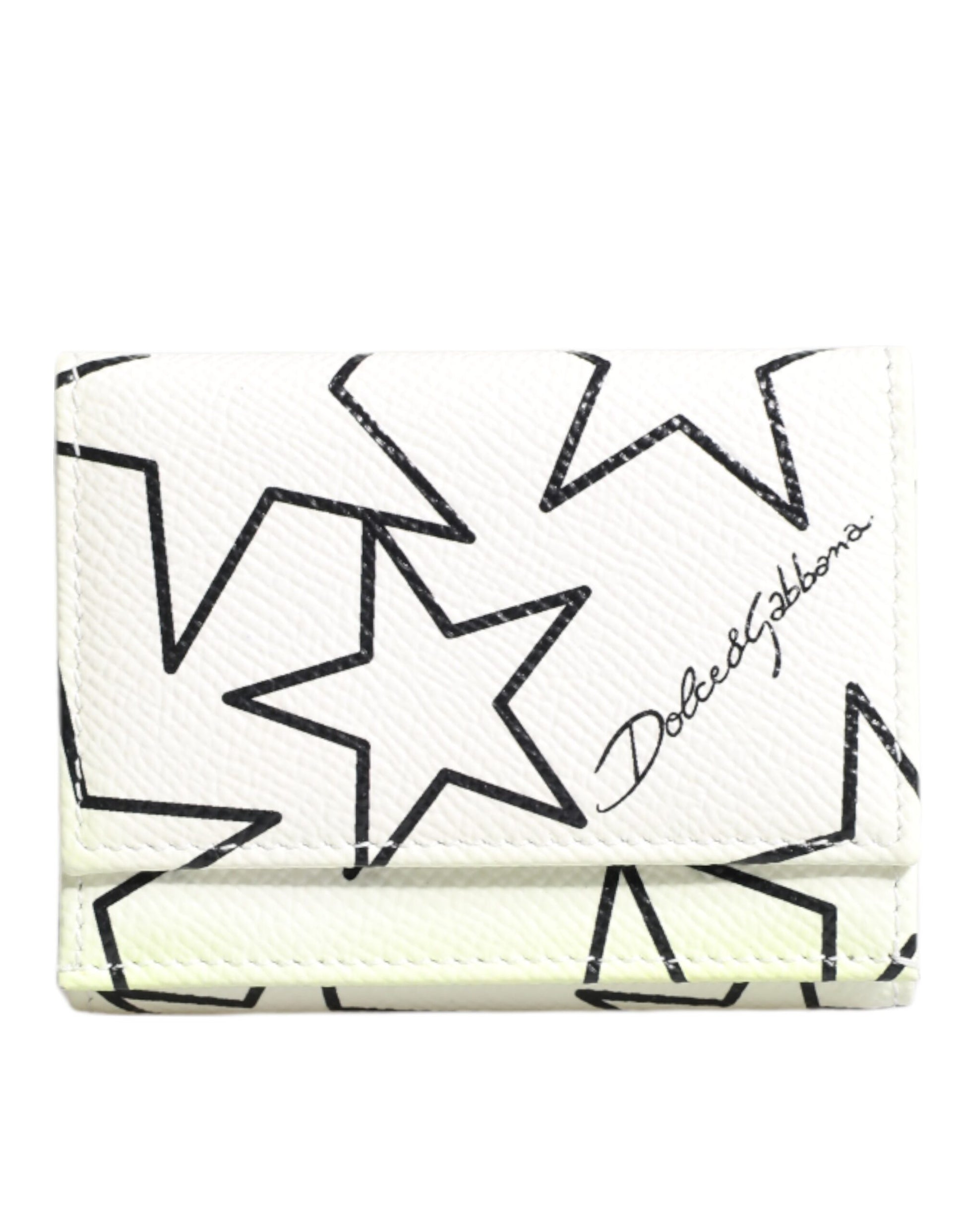 Dolce & Gabbana White Leather Trifold DG Star Print Card Holder Wallet