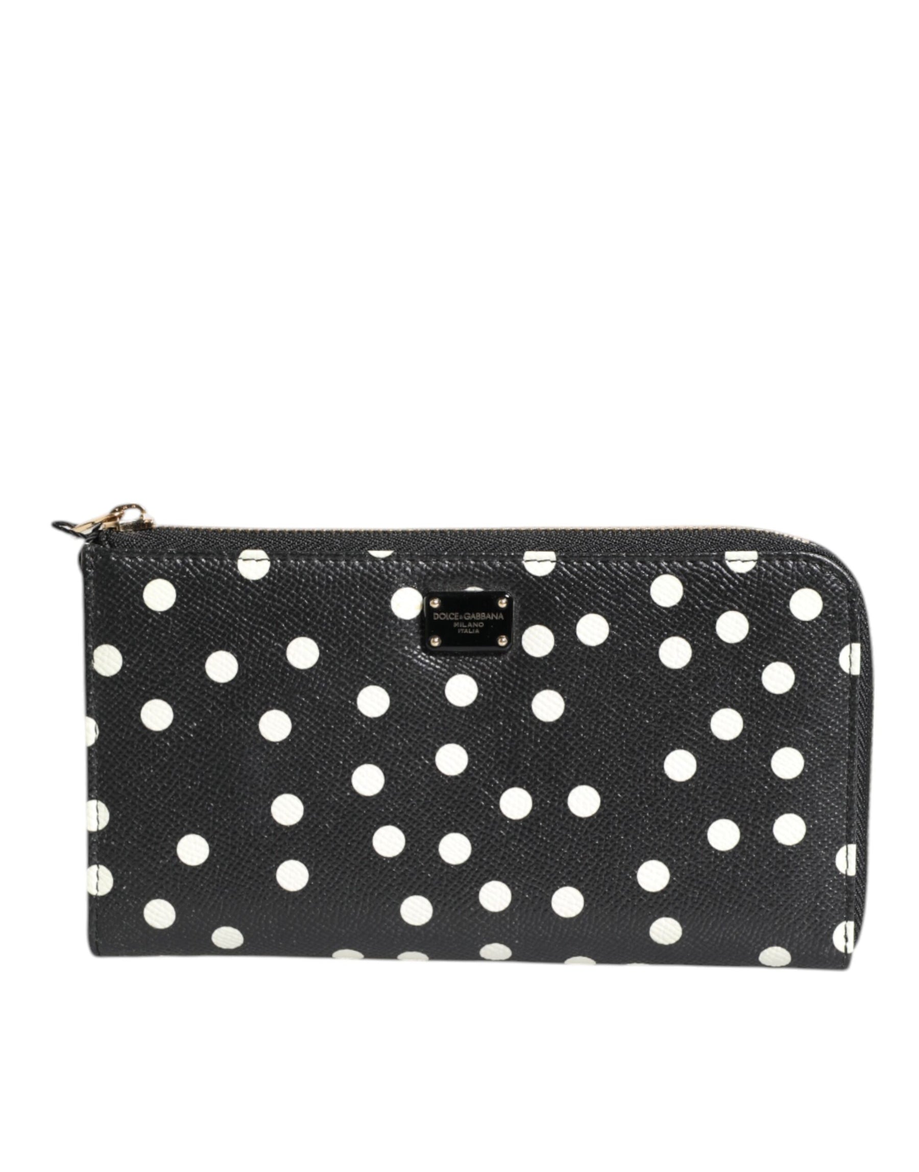 Dolce & Gabbana Black White Dotted Leather Zip Around Continental Wallet | Regal Royce