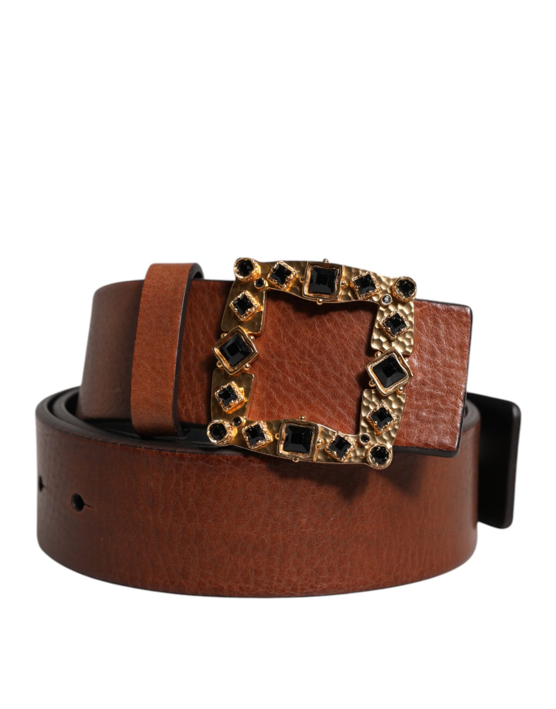 Dolce & Gabbana Brown Leather Gold Crystal Buckle Belt | Regal Royce