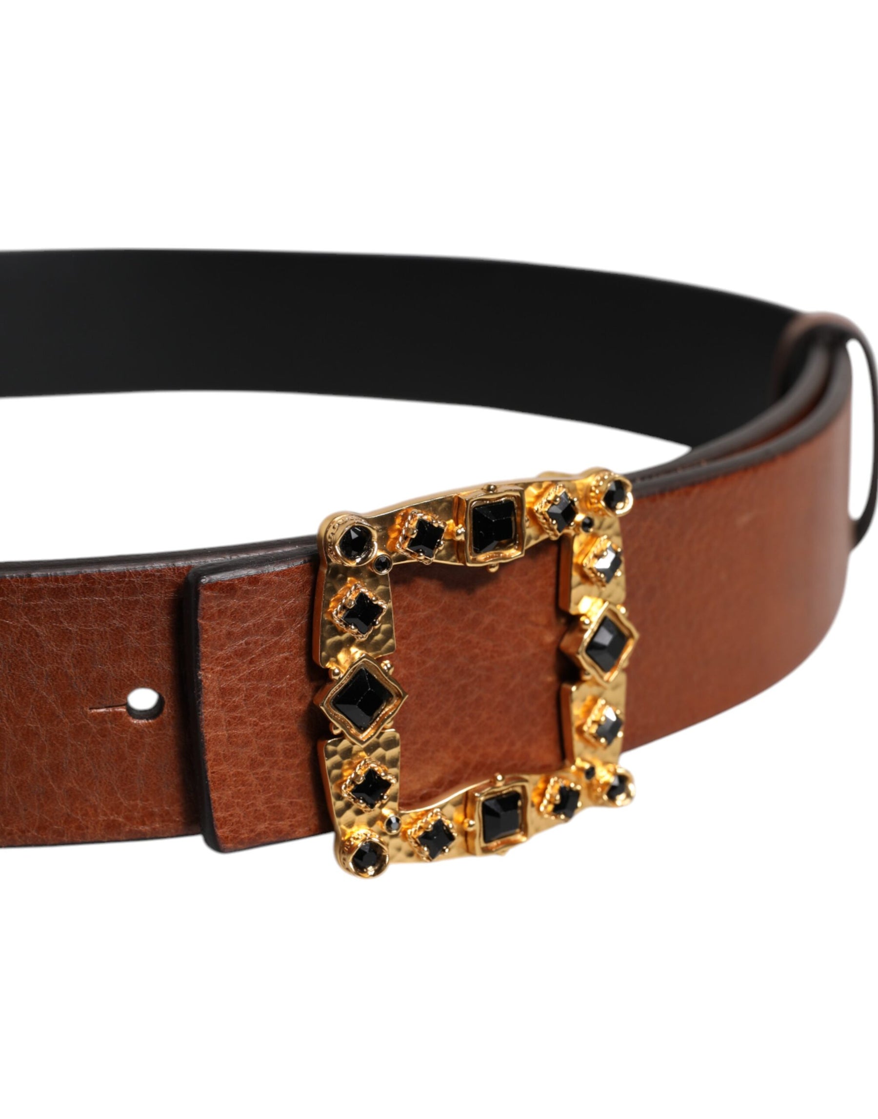 Dolce & Gabbana Brown Leather Gold Crystal Buckle Belt | Regal Royce