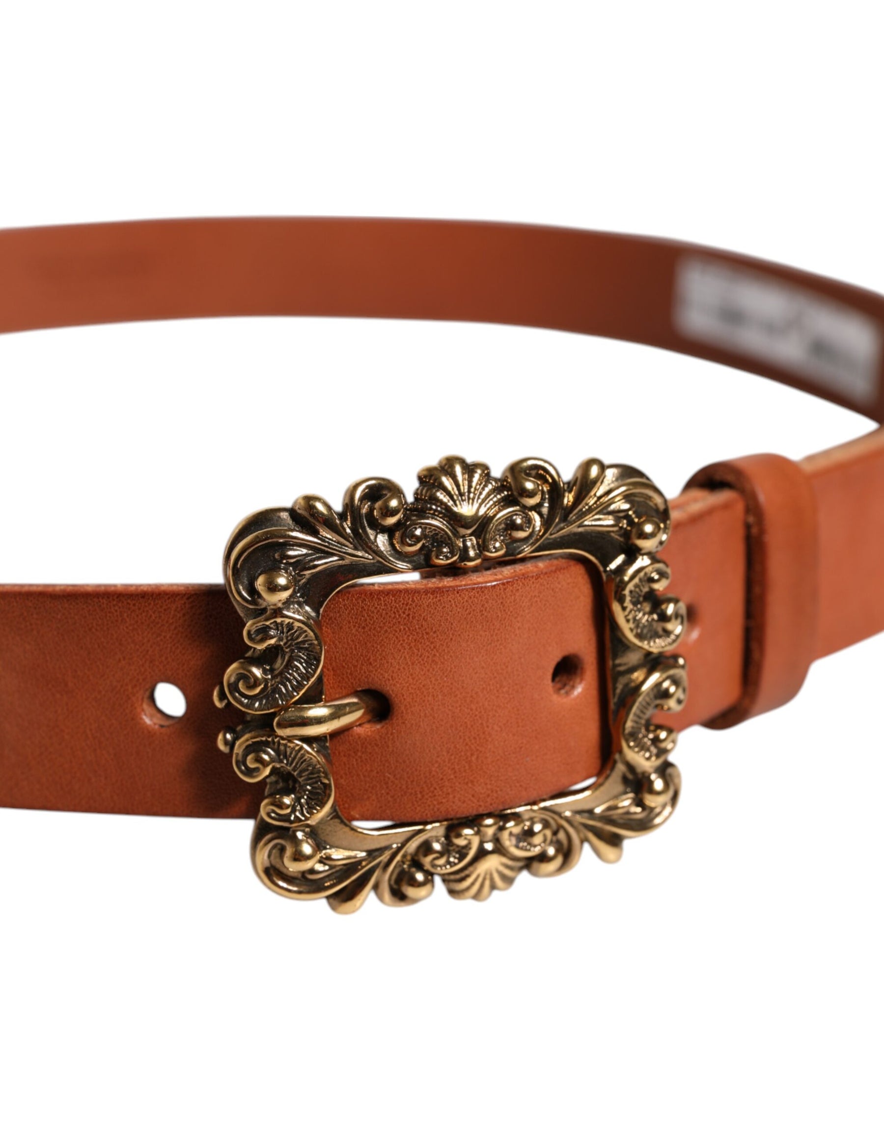 Dolce & Gabbana Brown Leather Gold Metal Baroque Buckle Belt | Regal Royce