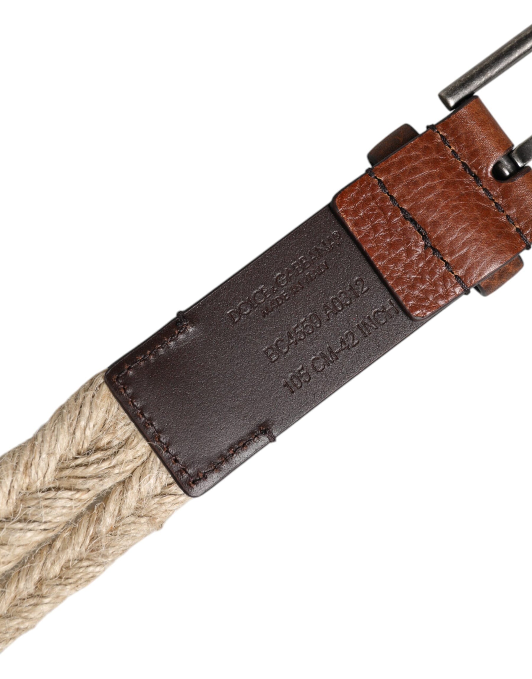 Dolce & Gabbana Brown Jute Leather Woven Metal Buckle Belt | Regal Royce