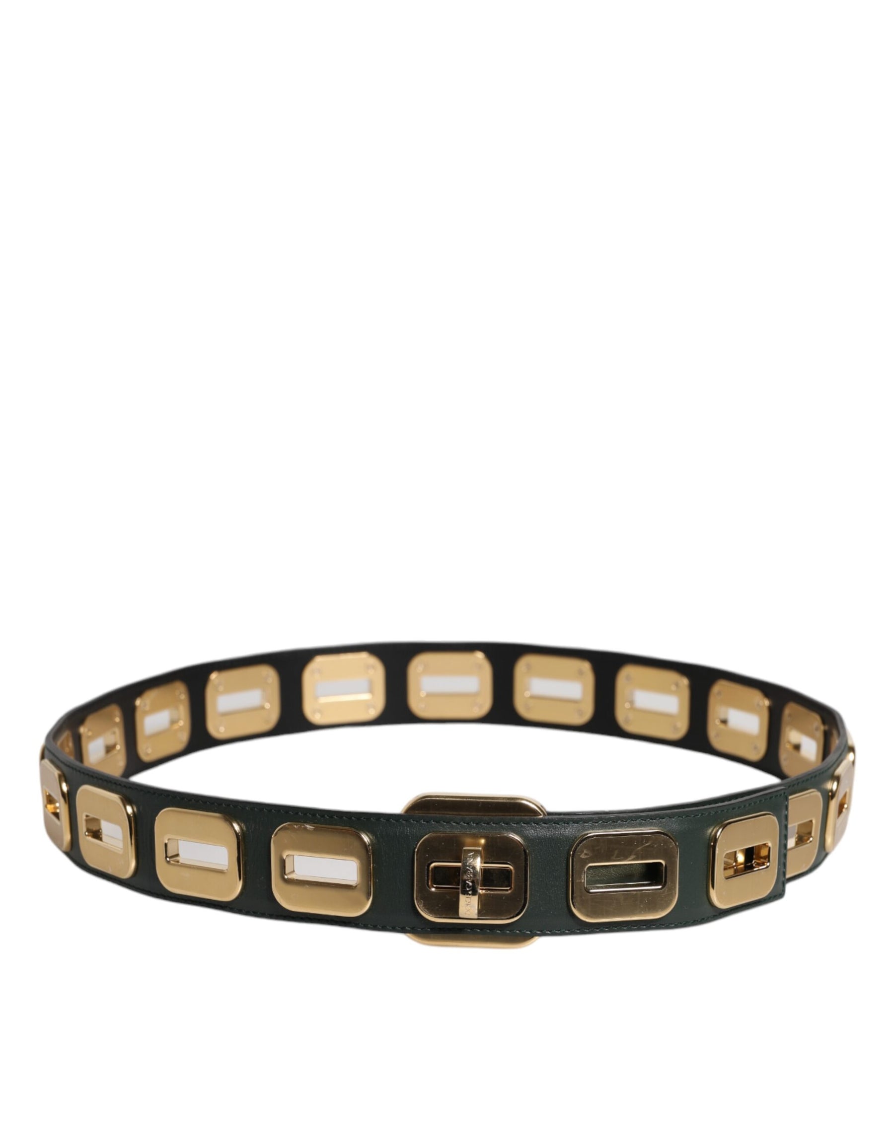 Dolce & Gabbana Green Leather Gold Tone Rotating Buckle Belt | Regal Royce