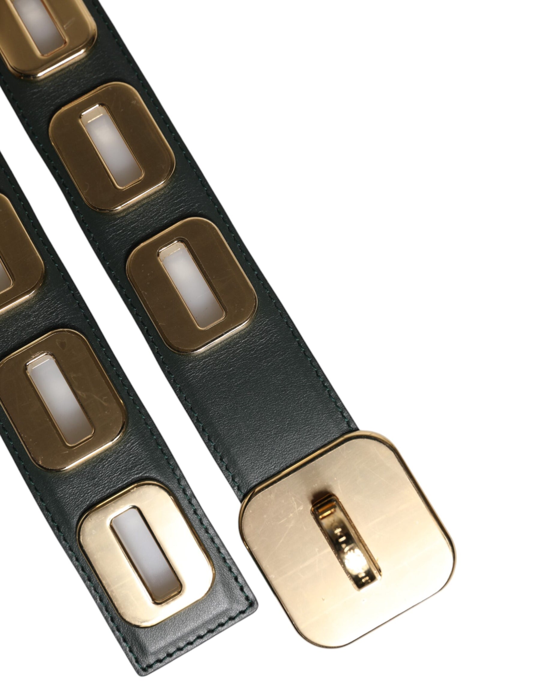 Dolce & Gabbana Green Leather Gold Tone Rotating Buckle Belt | Regal Royce