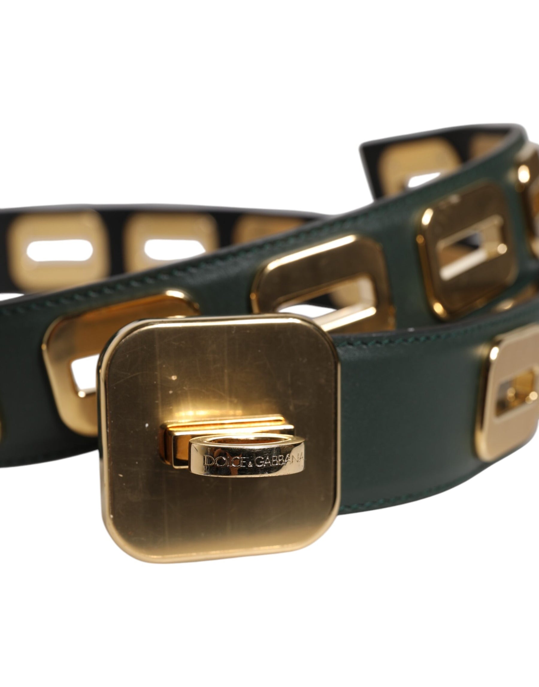 Dolce & Gabbana Green Leather Gold Tone Rotating Buckle Belt | Regal Royce