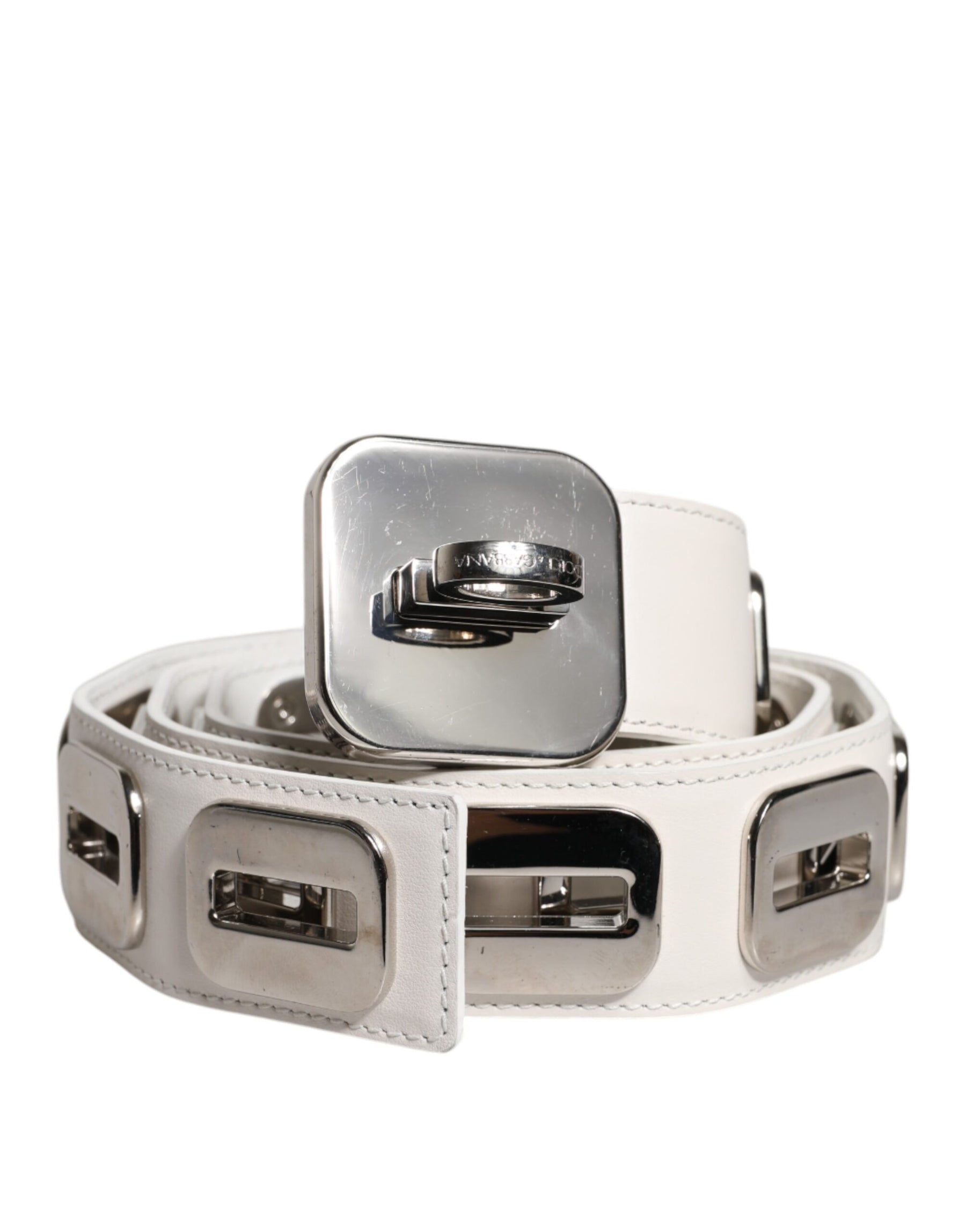 Dolce & Gabbana White Leather Gold Tone Rotating Buckle Belt | Regal Royce