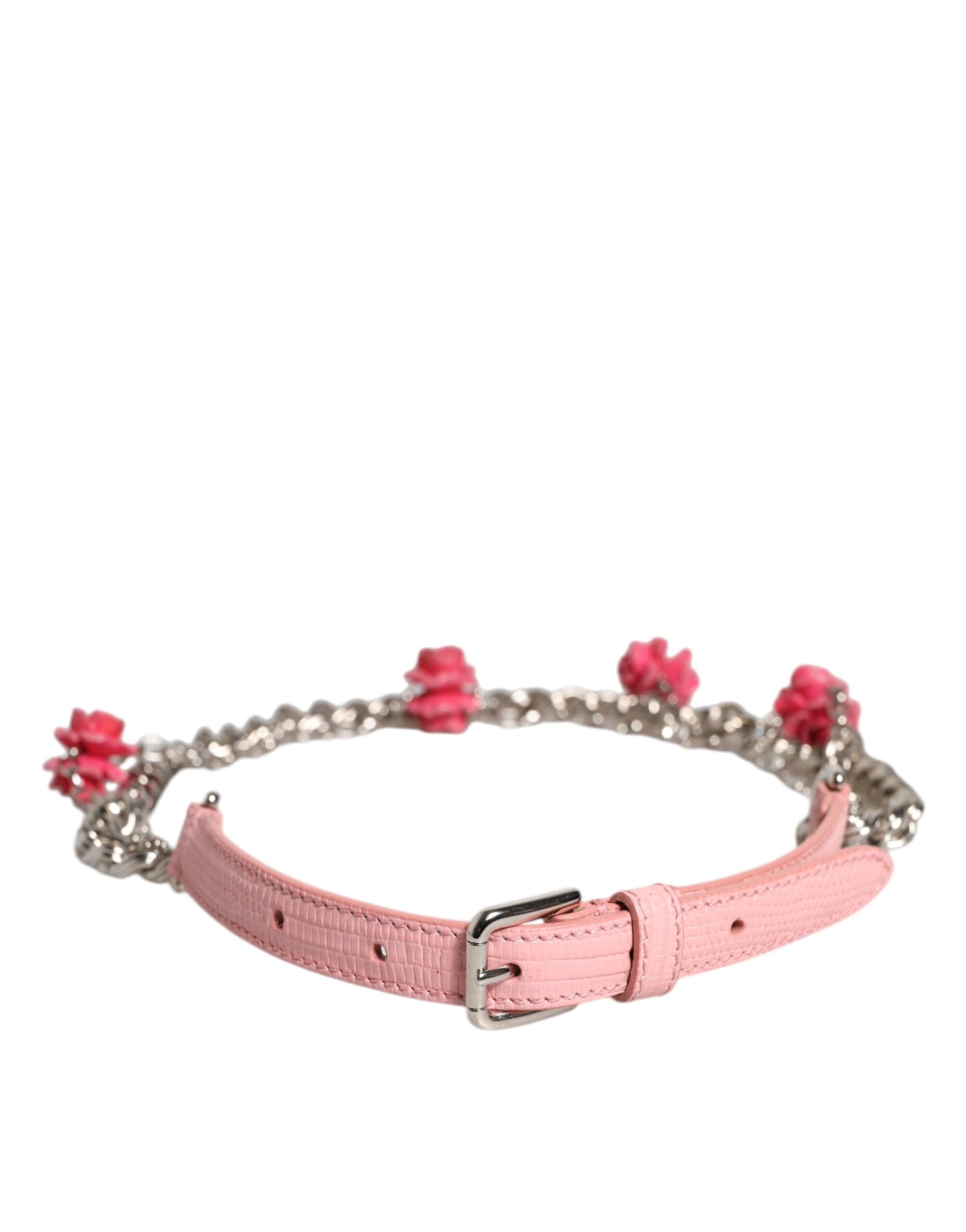 Dolce & Gabbana Pink Embelished Roses Textured Leather Belt | Regal Royce