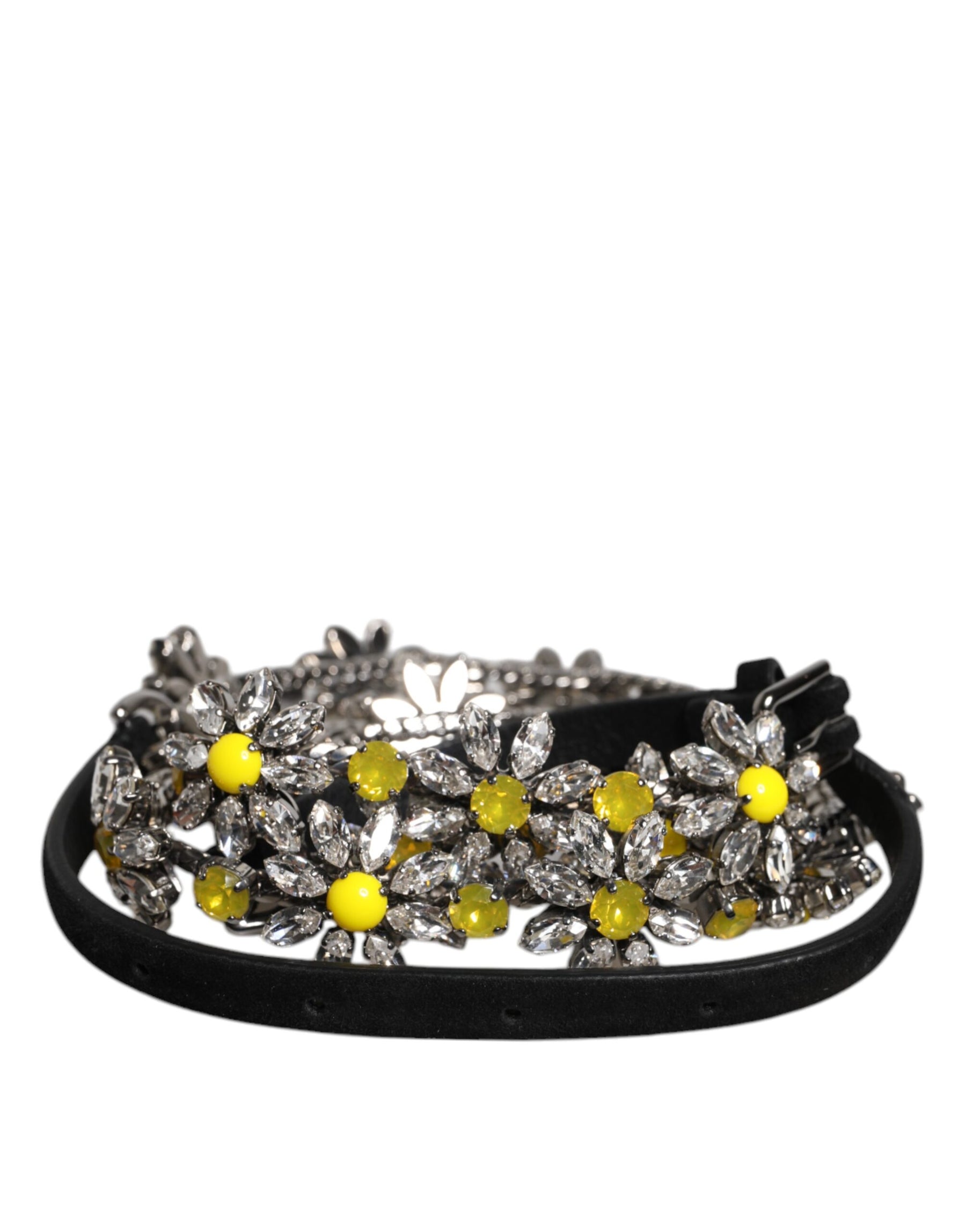 Dolce & Gabbana Black Leather Daisy Crystal Embellish Waist Belt | Regal Royce