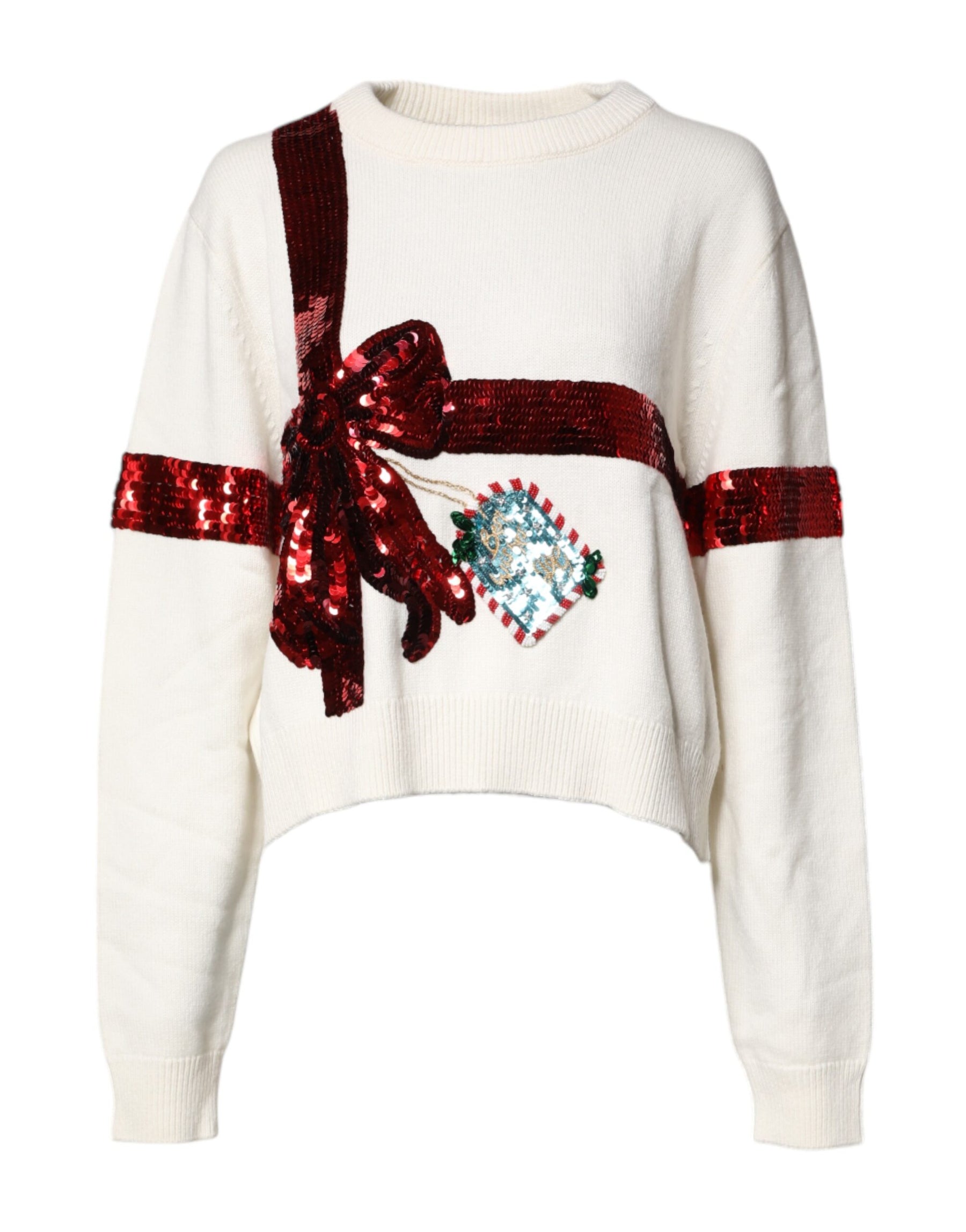 Dolce & Gabbana White Sequined Crew Neck Pullover Sweater | Regal Royce