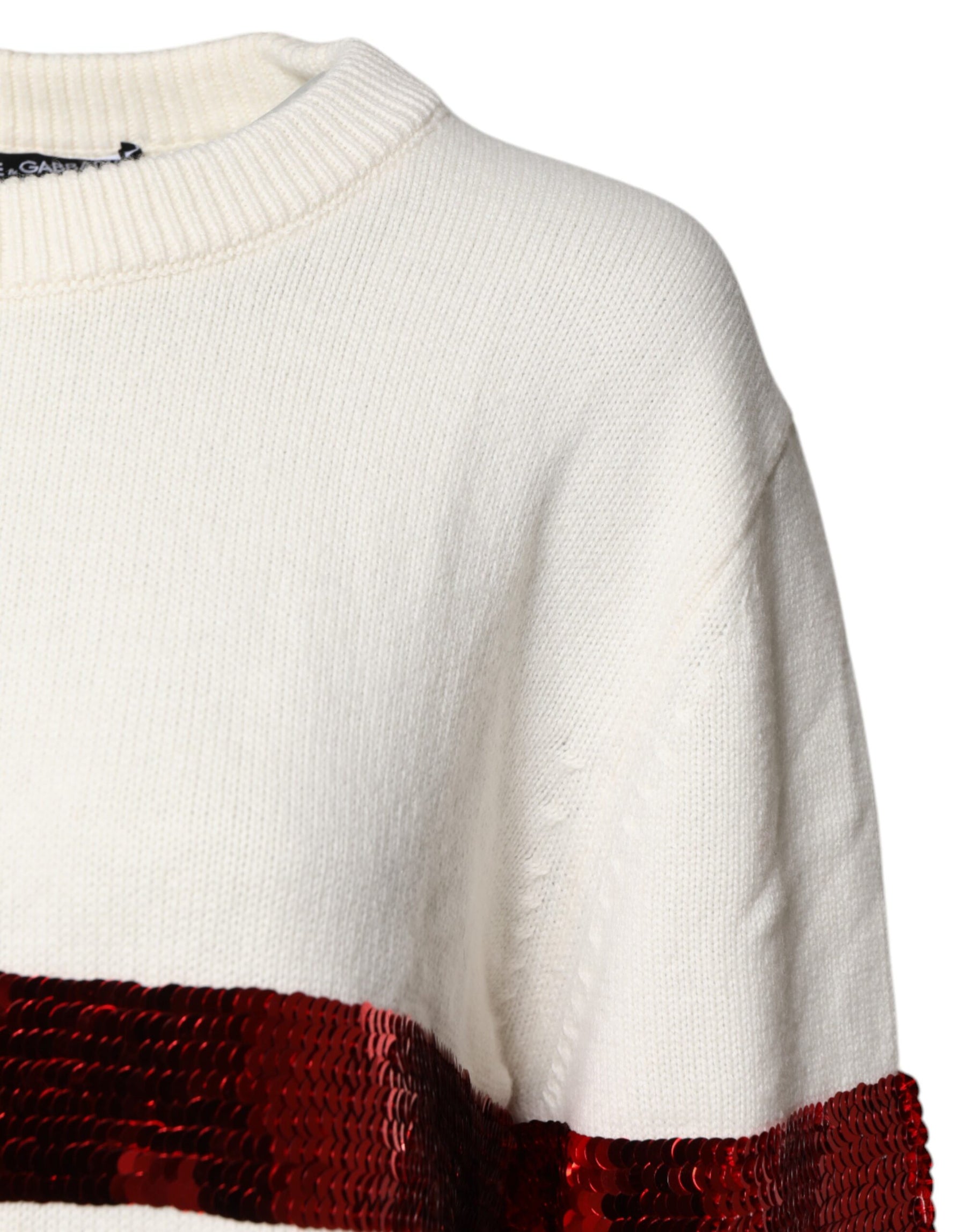 Dolce & Gabbana White Sequined Crew Neck Pullover Sweater | Regal Royce