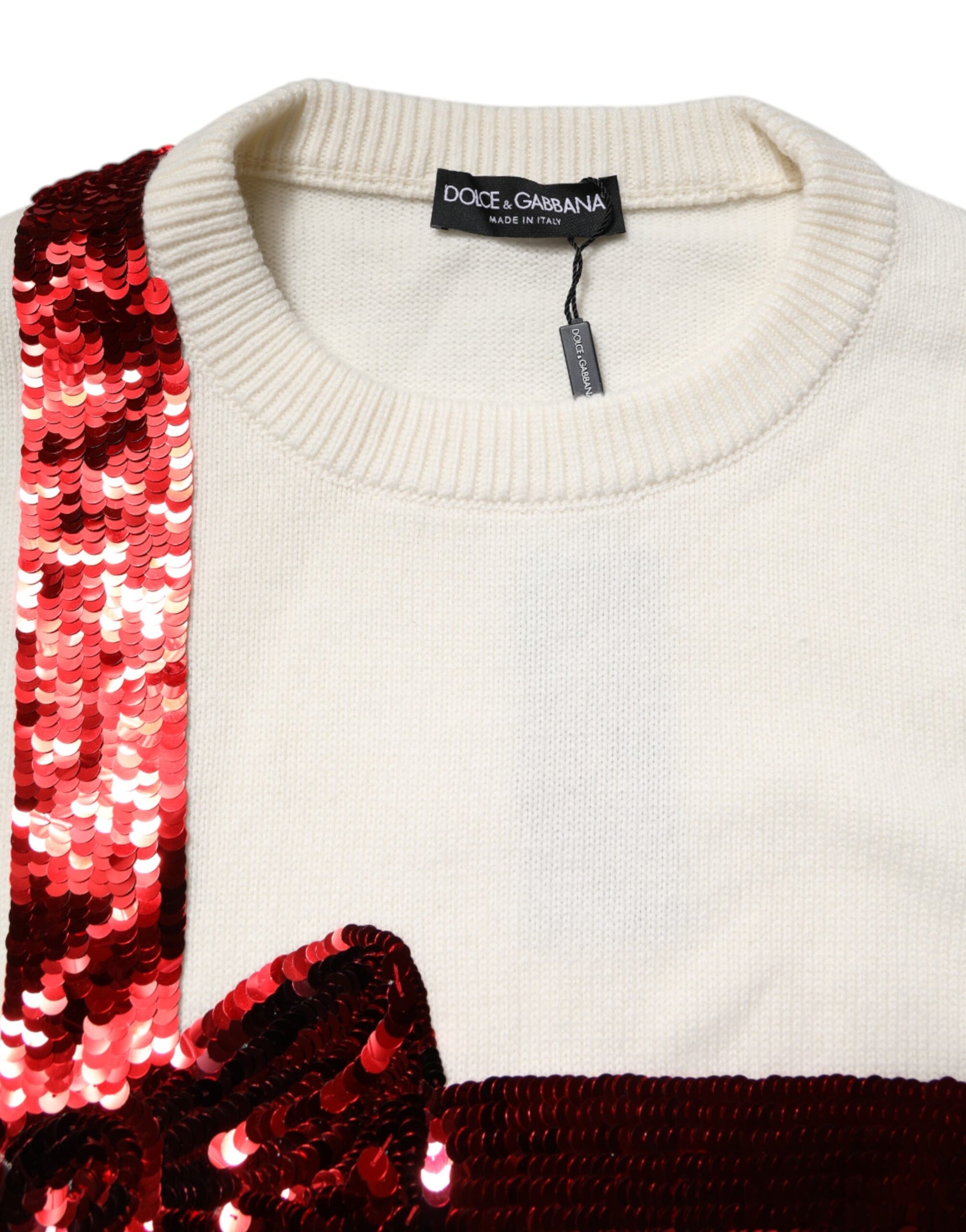 Dolce & Gabbana White Sequined Crew Neck Pullover Sweater | Regal Royce
