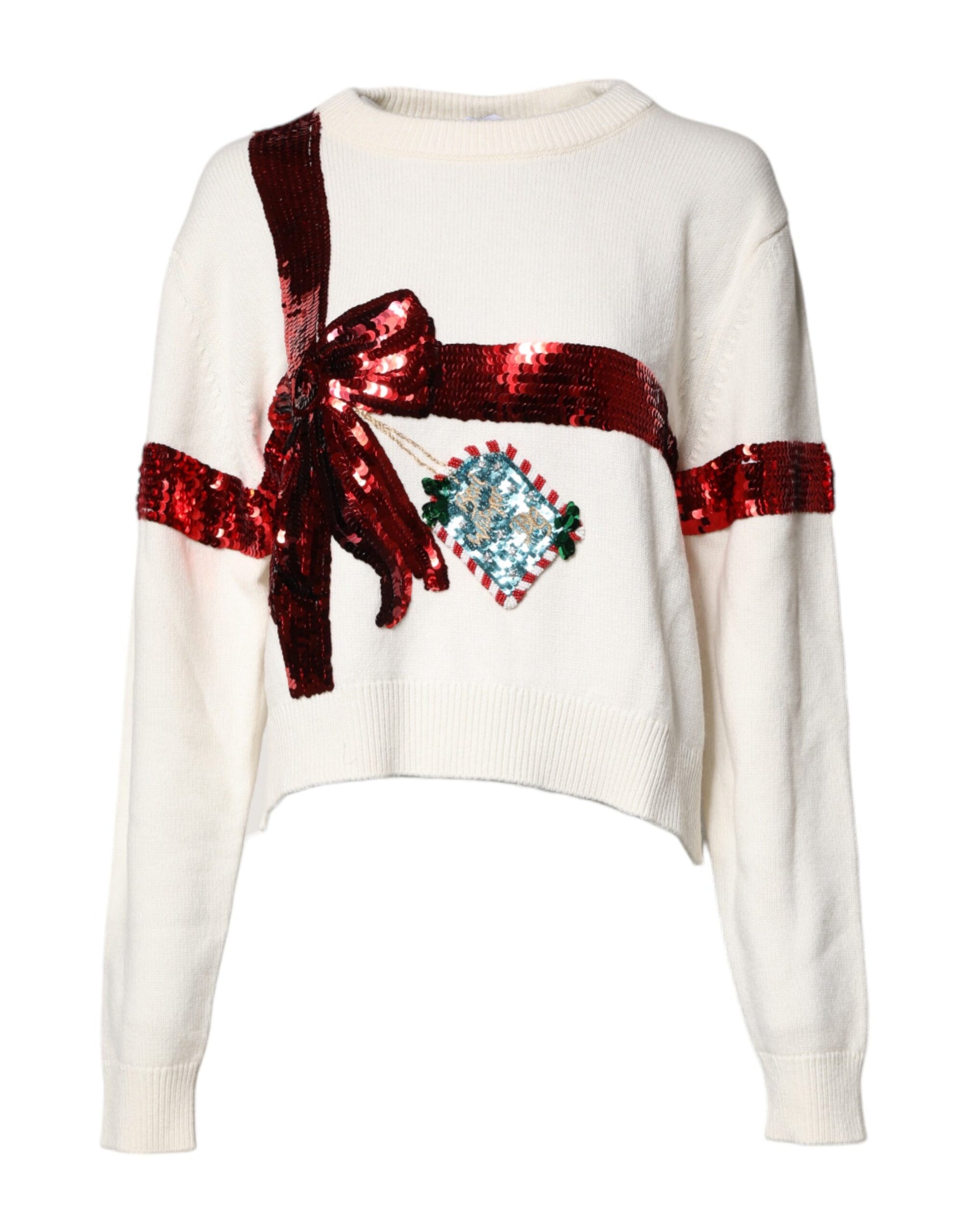Dolce & Gabbana White Sequined Crew Neck Pullover Sweater | Regal Royce