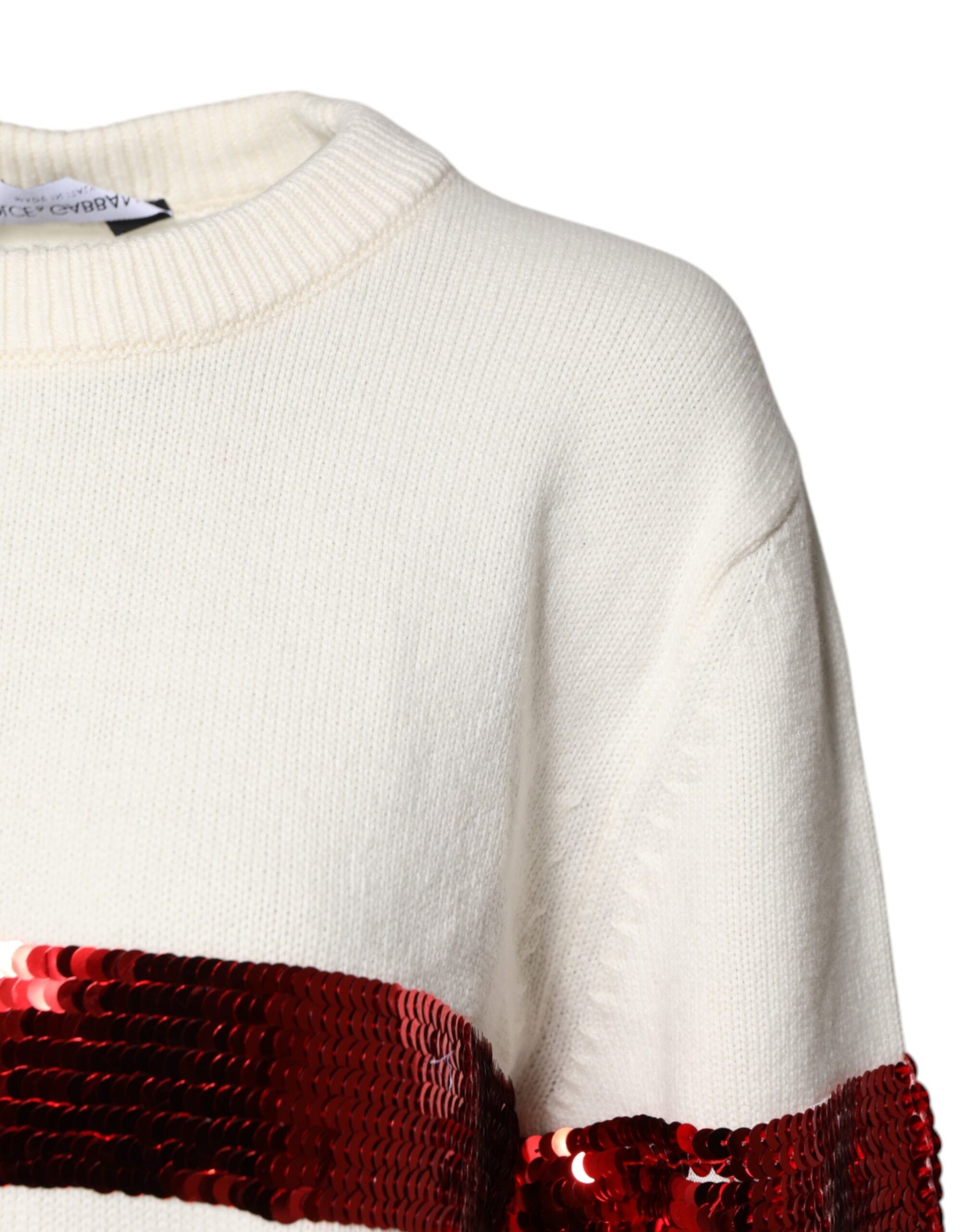 Dolce & Gabbana White Sequined Crew Neck Pullover Sweater | Regal Royce
