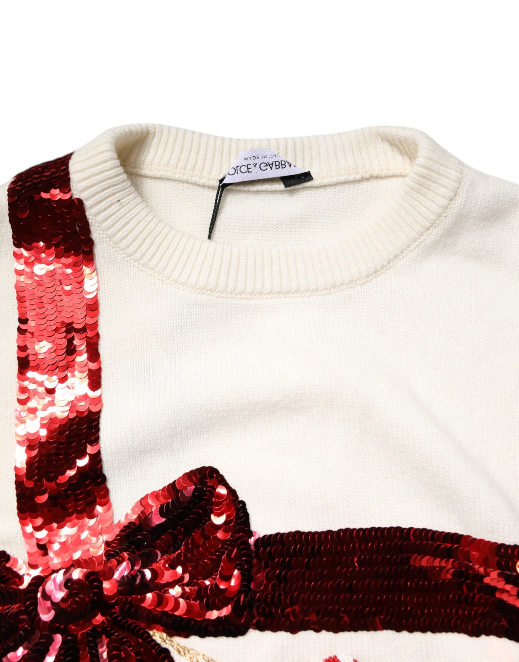 Dolce & Gabbana White Sequined Crew Neck Pullover Sweater | Regal Royce