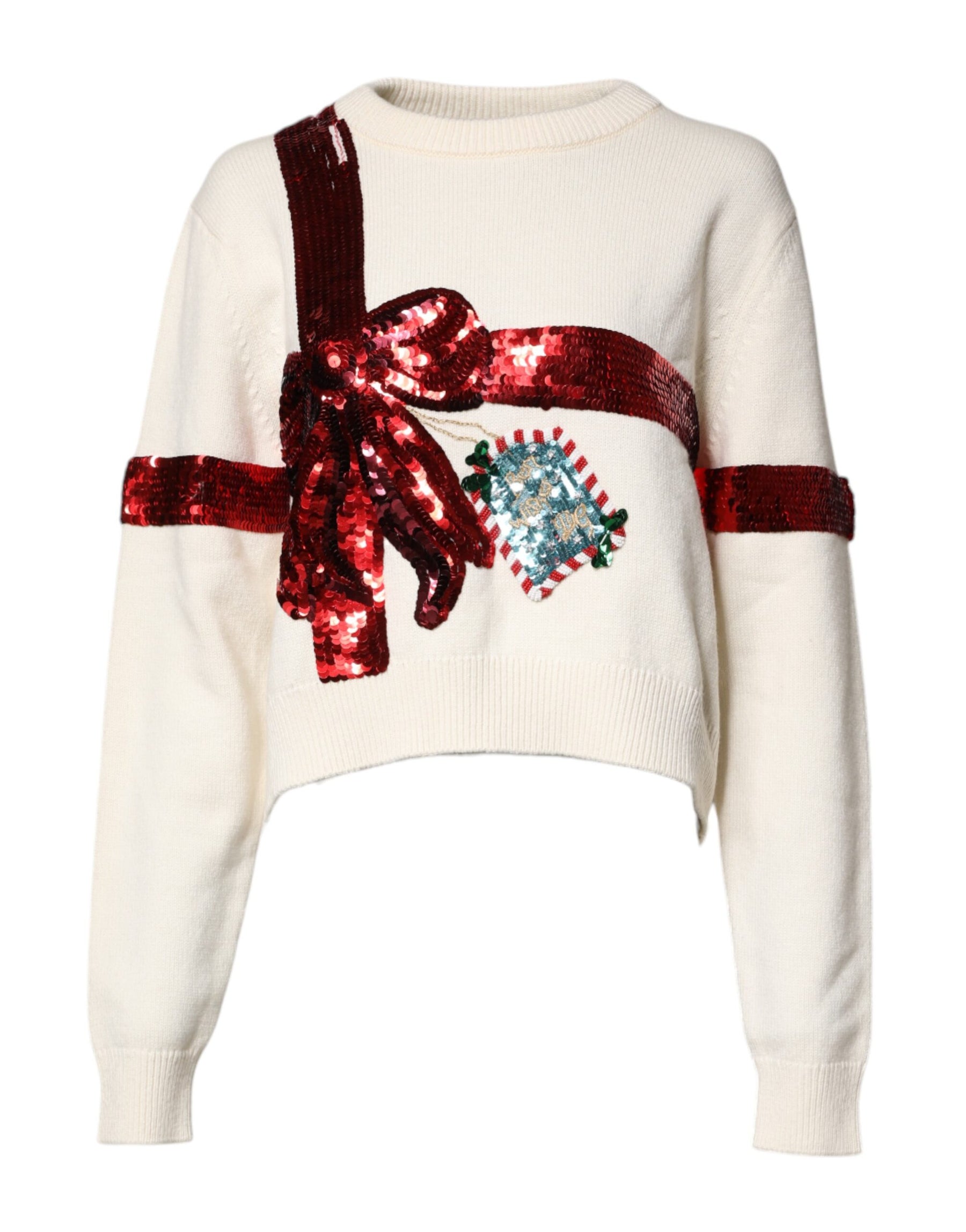 Dolce & Gabbana White Sequined Crew Neck Pullover Sweater | Regal Royce