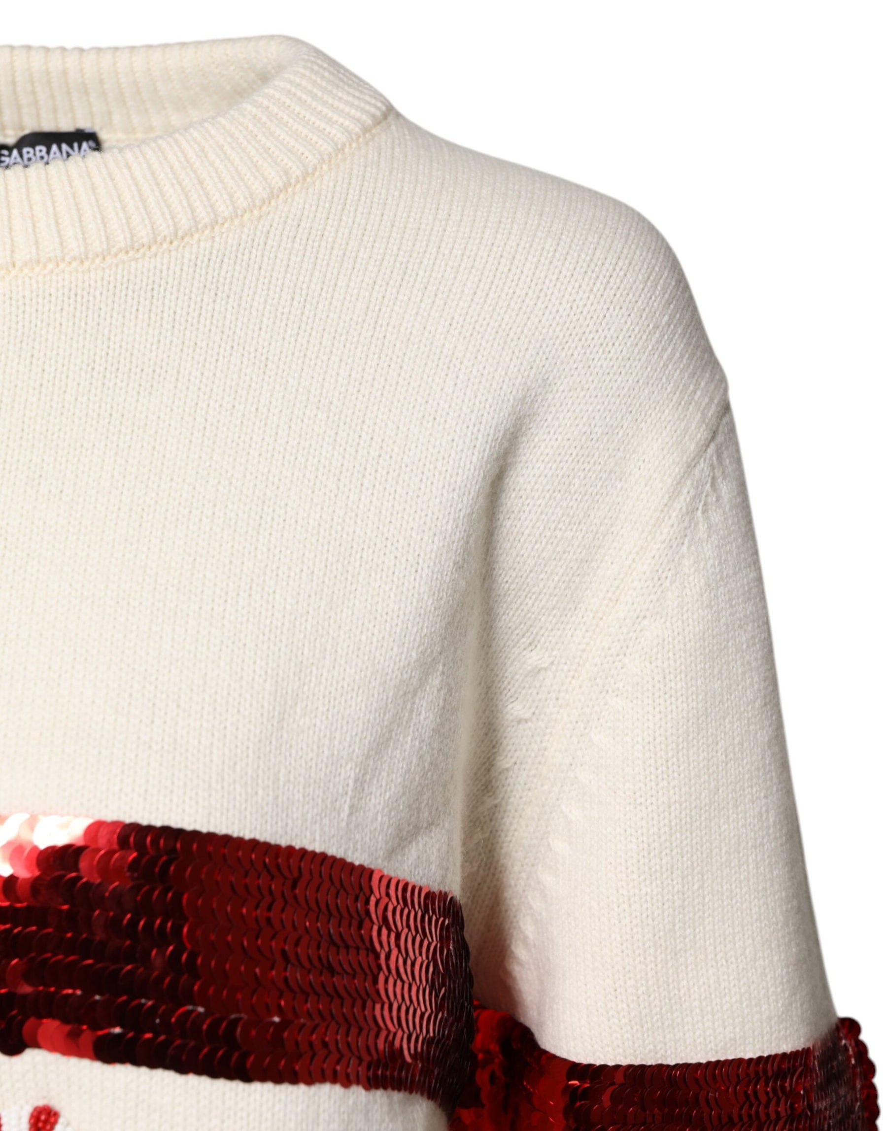 Dolce & Gabbana White Sequined Crew Neck Pullover Sweater | Regal Royce