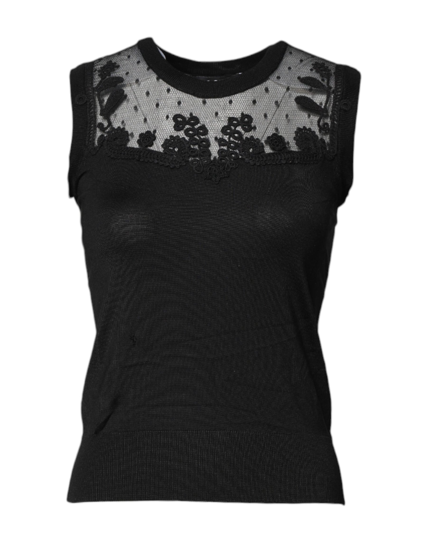 Dolce & Gabbana Black Lace Sheer Crew Neck Sleeveless Top | Regal Royce