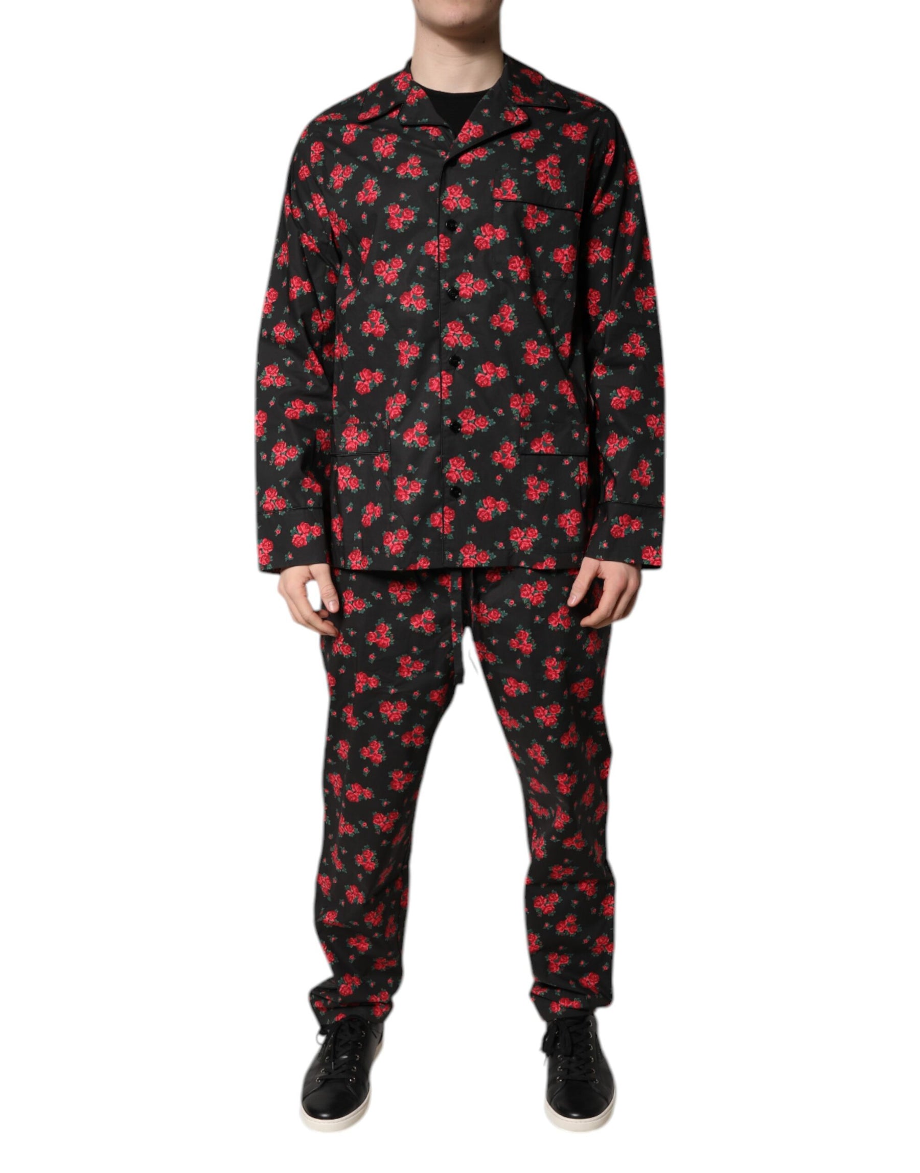 Dolce & Gabbana Black Floral Print Cotton Men Pajama Set Sleepwear | Regal Royce
