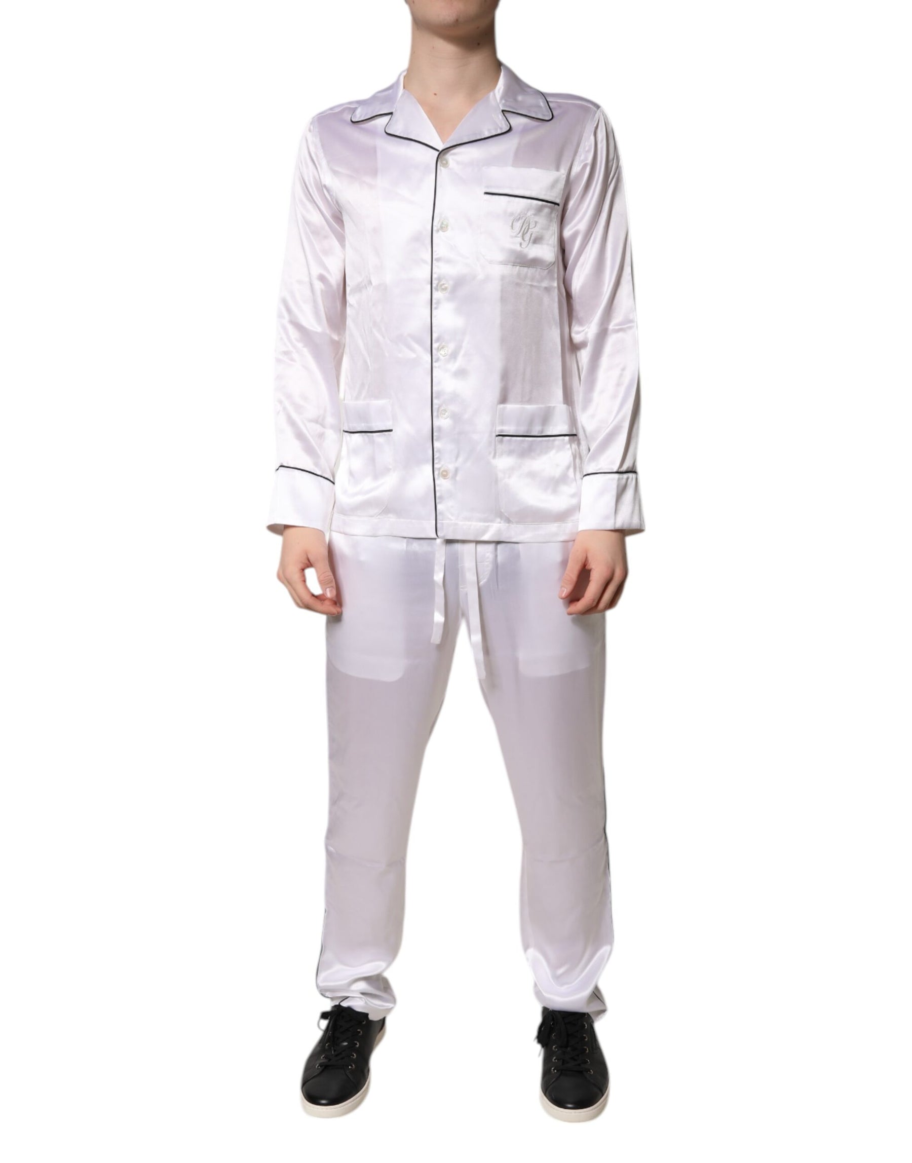 Dolce & Gabbana White Satin Silk Men Pajama Set Sleepwear | Regal Royce