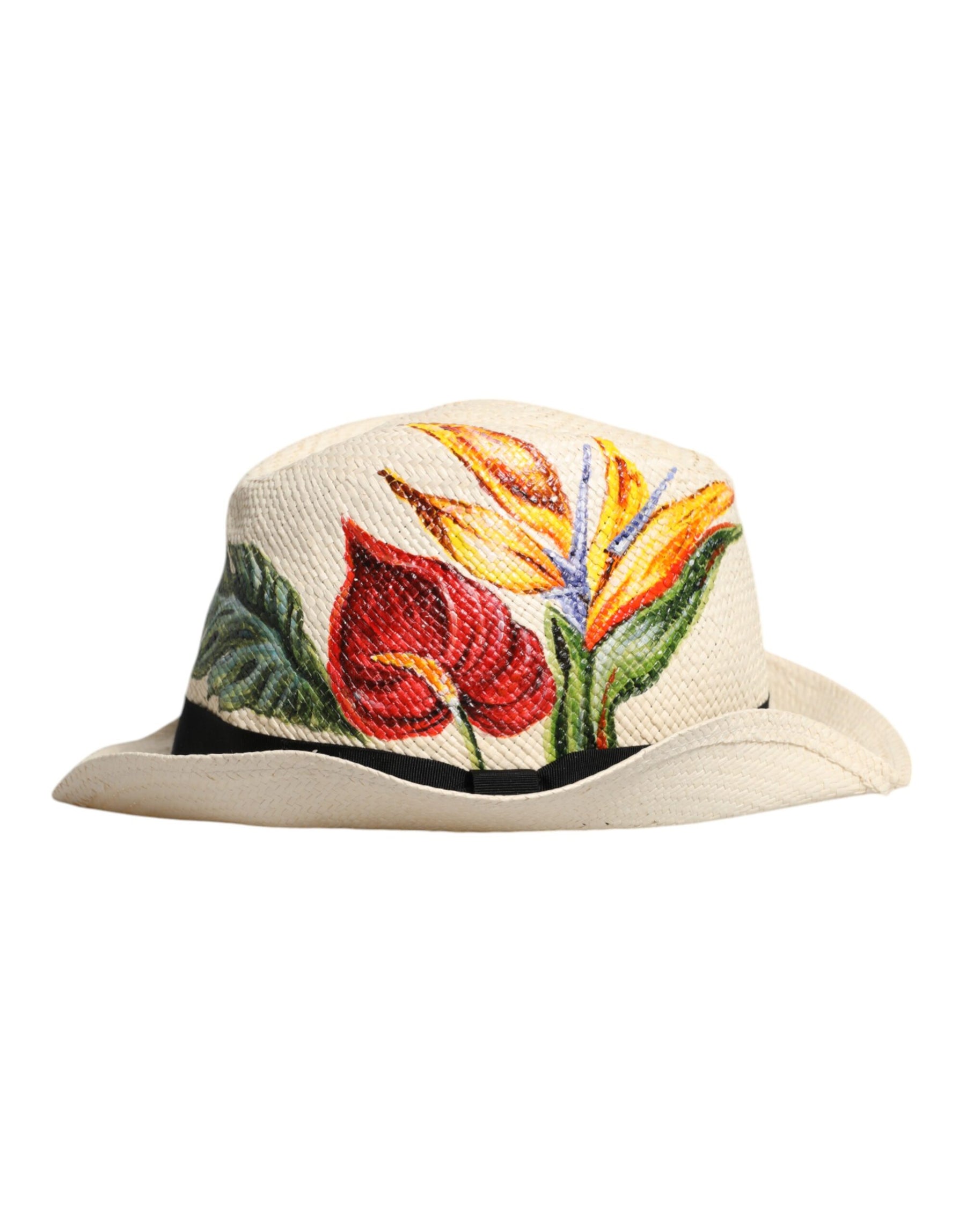Dolce & Gabbana Beige Floral Print Straw Wide Brim Fedora Hat | Regal Royce