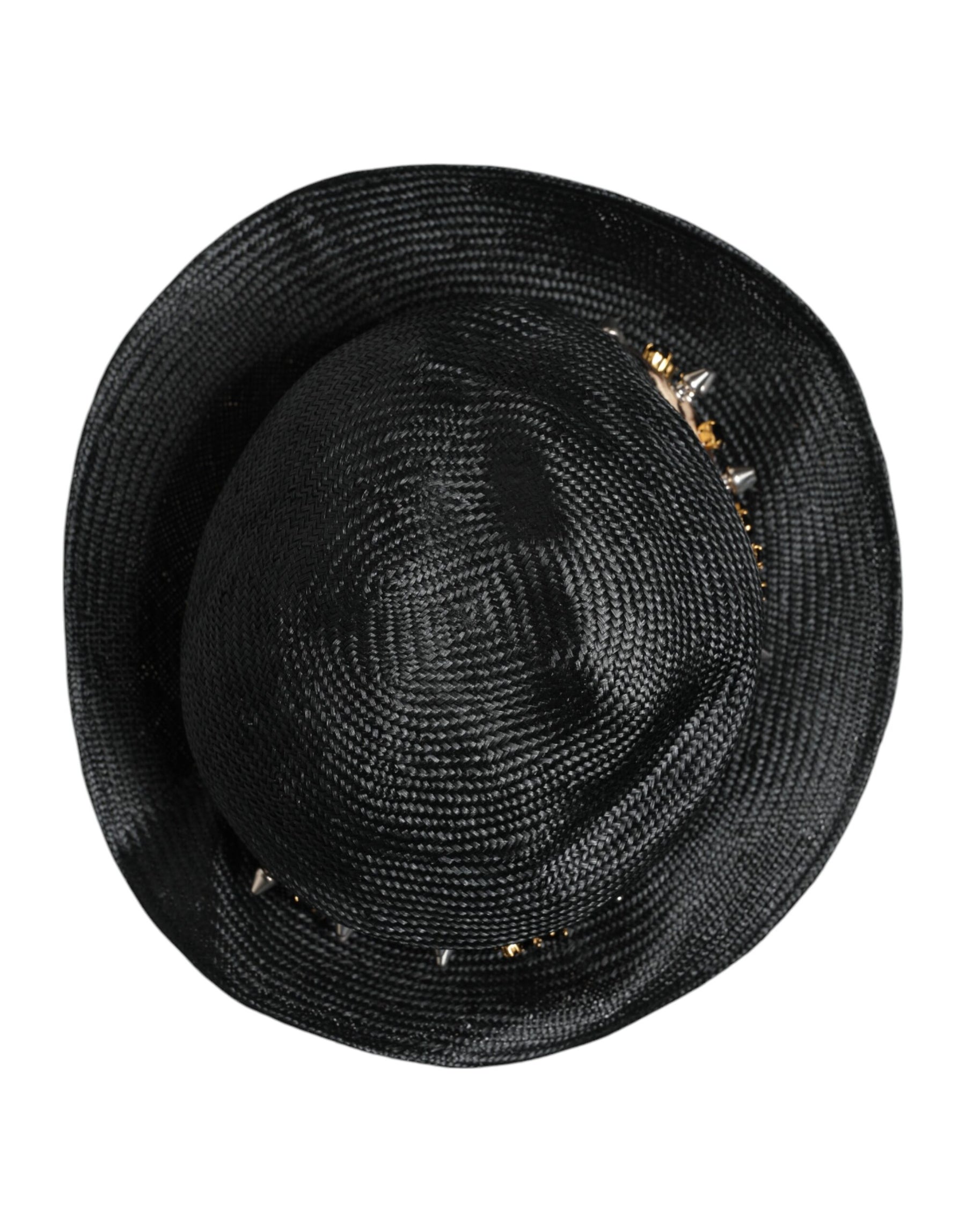 Dolce & Gabbana Black Straw Crystal Embellished Wide Brim Hat | Regal Royce