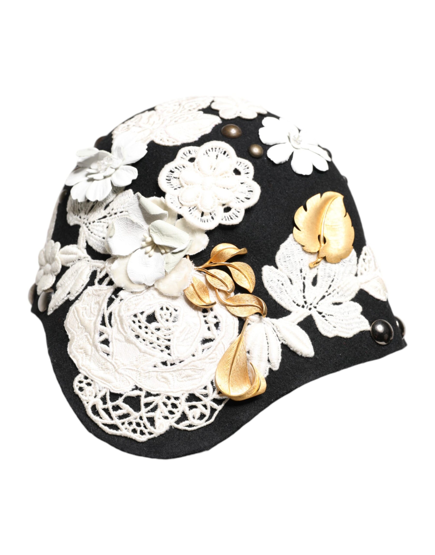 Dolce & Gabbana Black Wool White Floral Gold Leaf Cloche Hat | Regal Royce