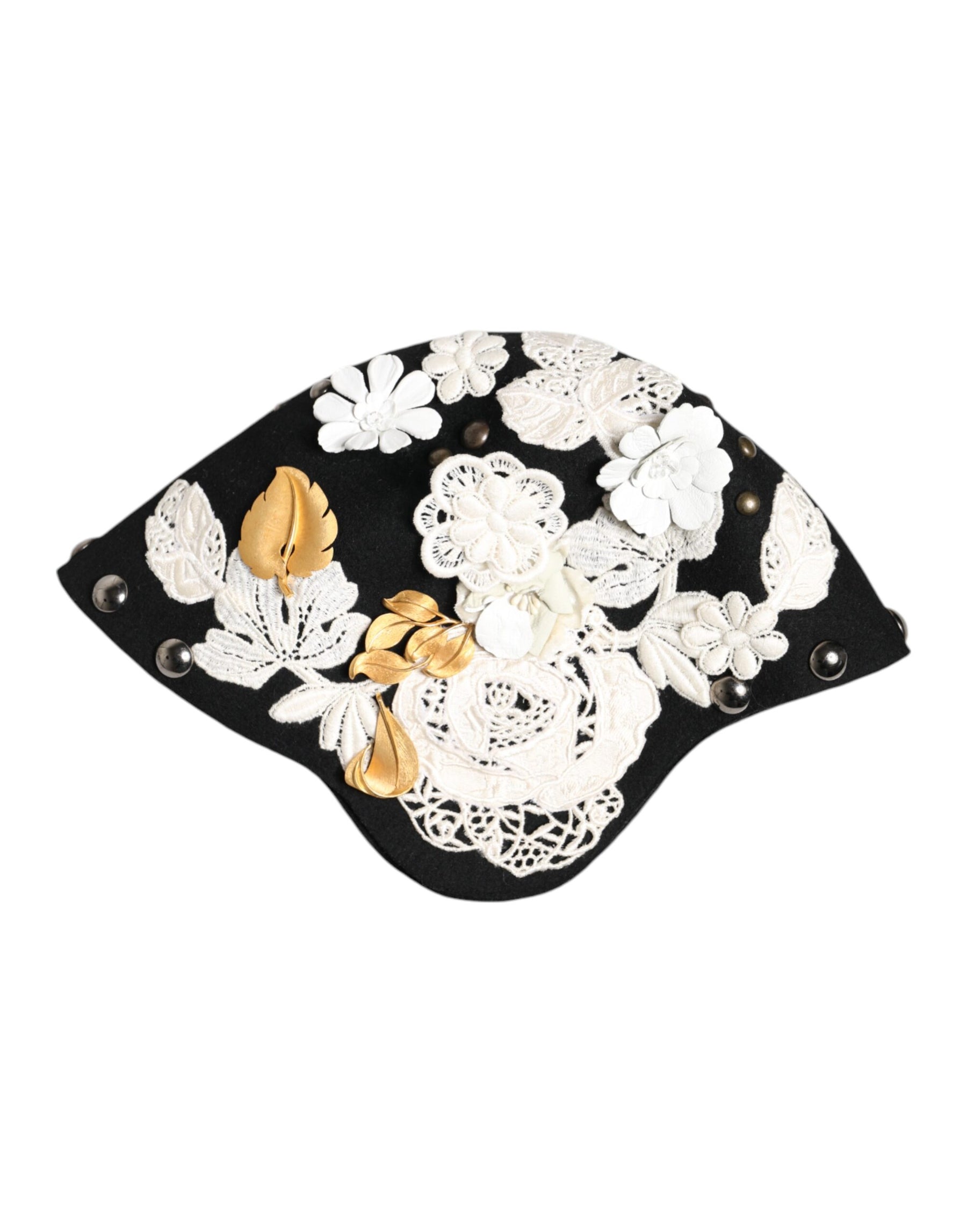 Dolce & Gabbana Black Wool White Floral Gold Leaf Cloche Hat | Regal Royce