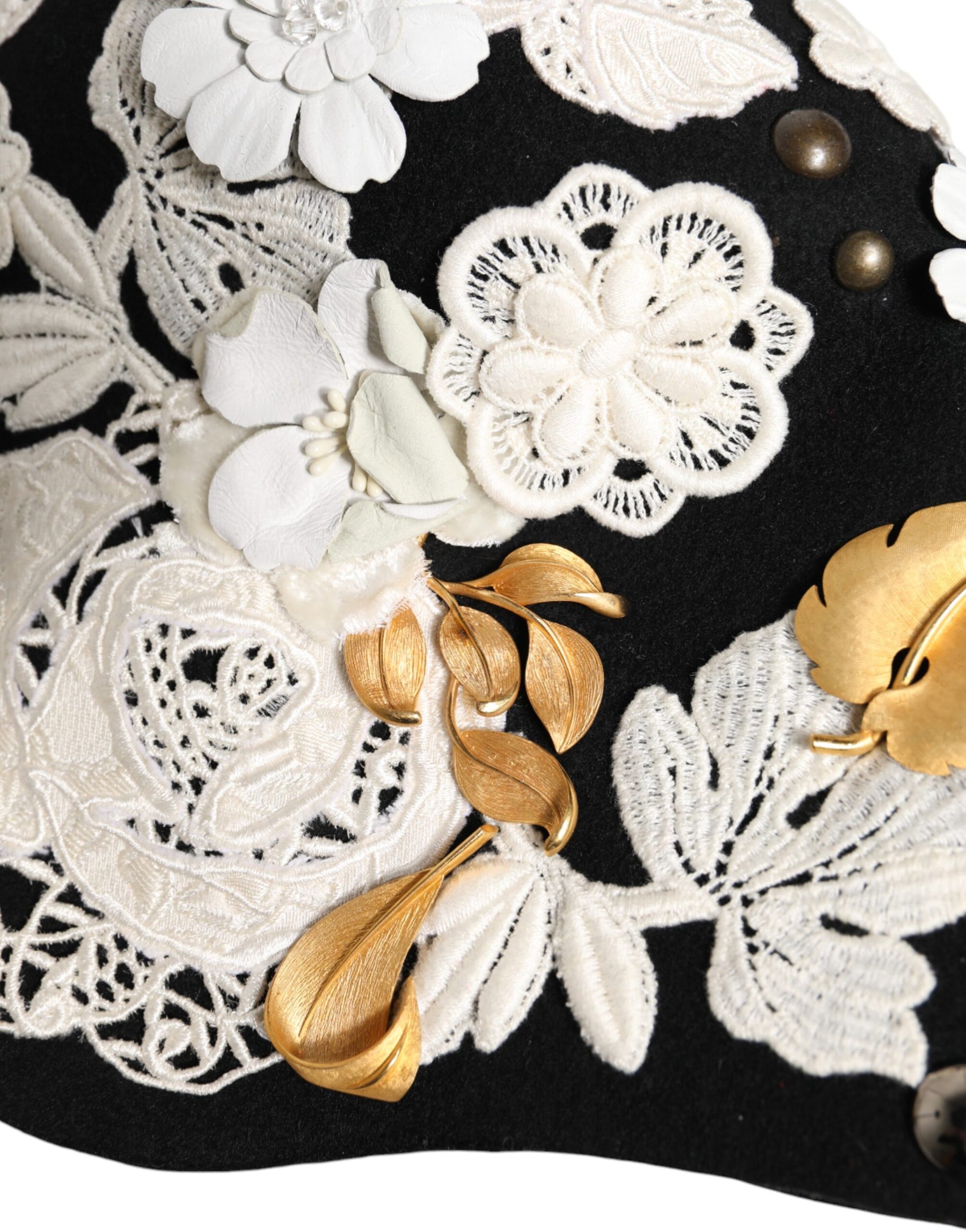 Dolce & Gabbana Black Wool White Floral Gold Leaf Cloche Hat | Regal Royce