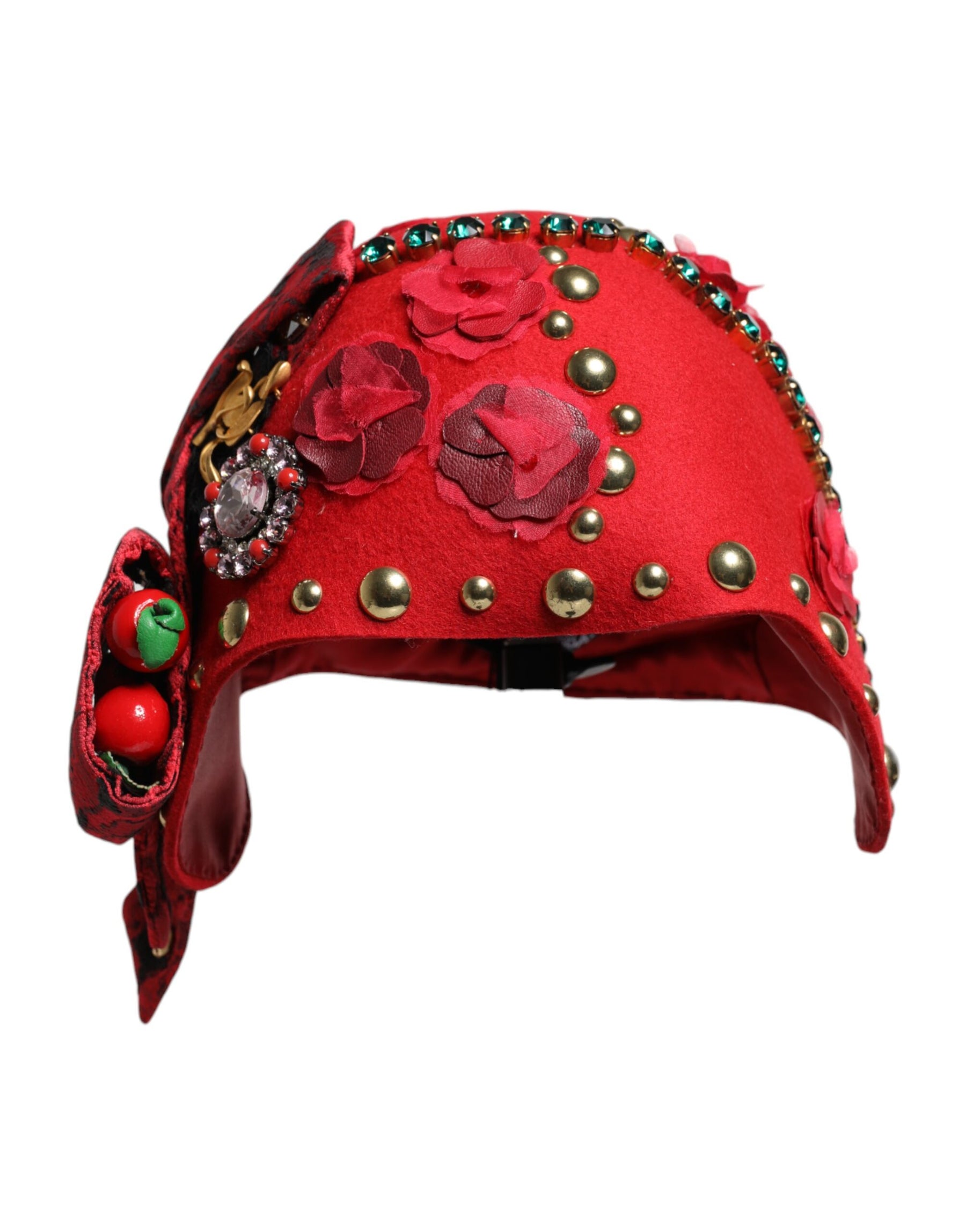 Dolce & Gabbana Red Crystal Gold Roses Brooch Embellished Hat | Regal Royce