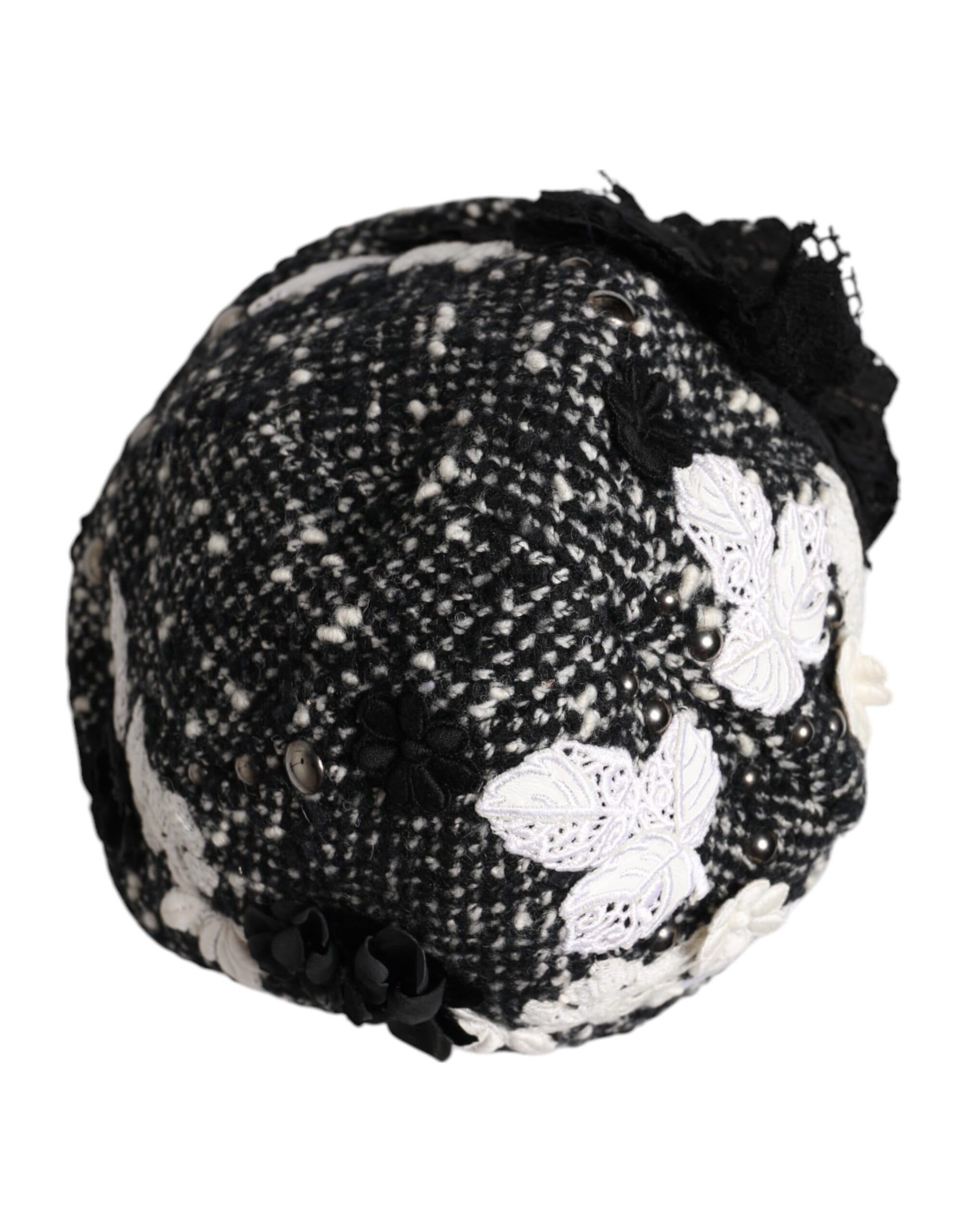Dolce & Gabbana Black Wool White Floral Embellished Cloche Hat
