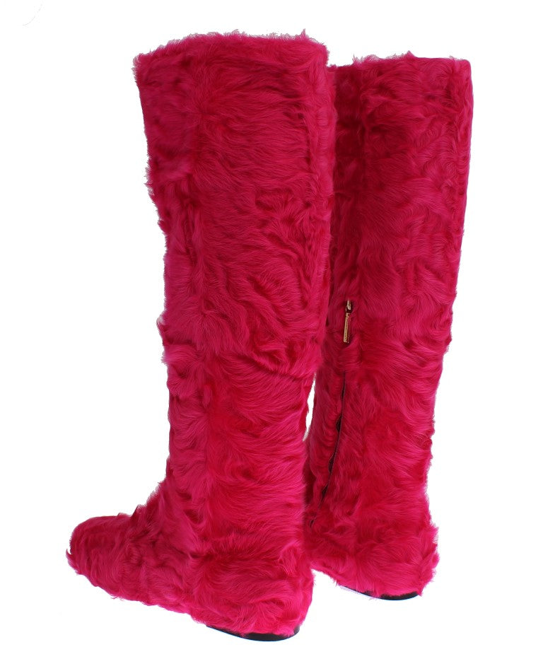 Dolce & Gabbana Pink Lamb Fur Leather Flat Boots | Regal Royce