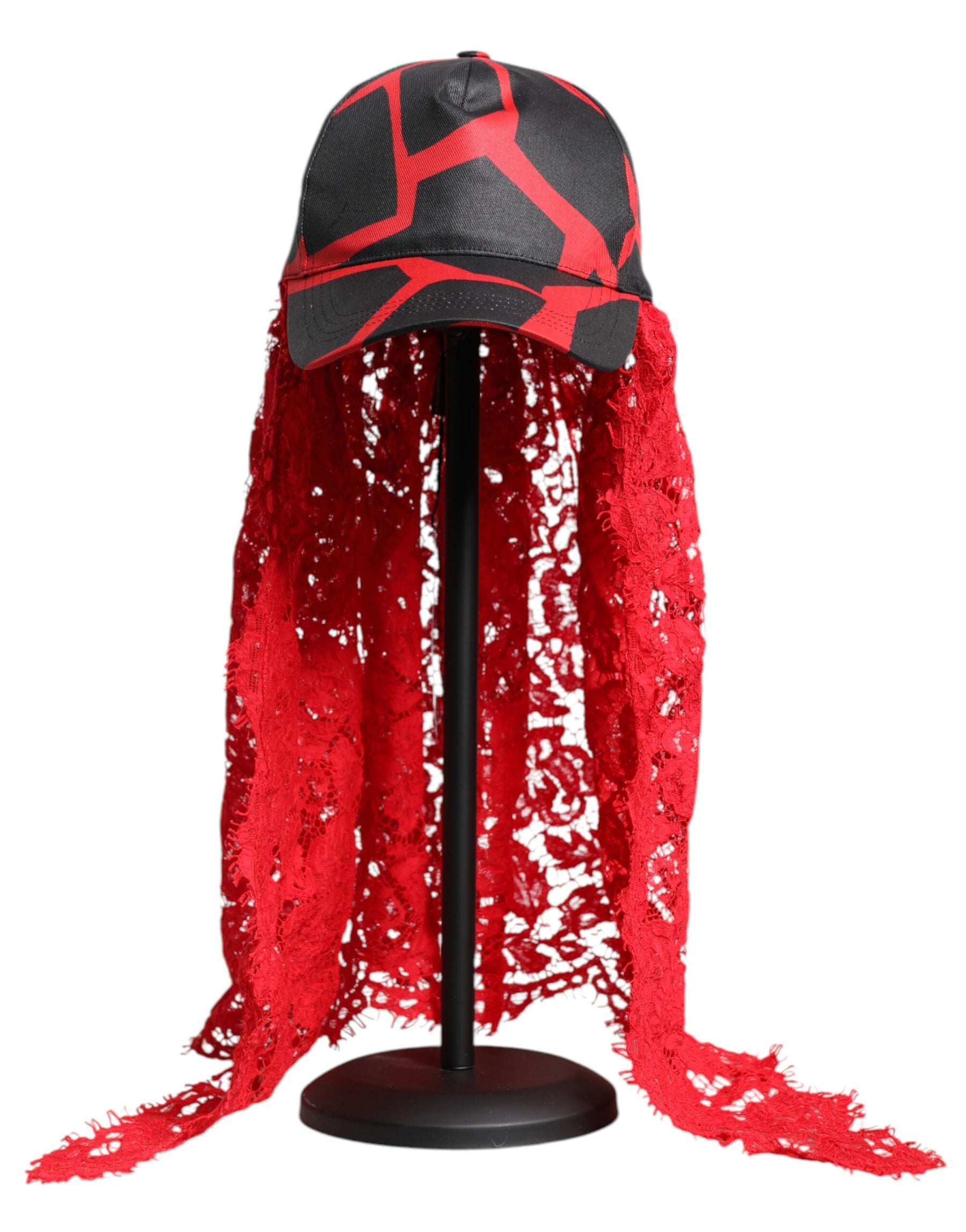 Dolce & Gabbana Red Black Lace Tulle Cotton Baseball Cap | Regal Royce