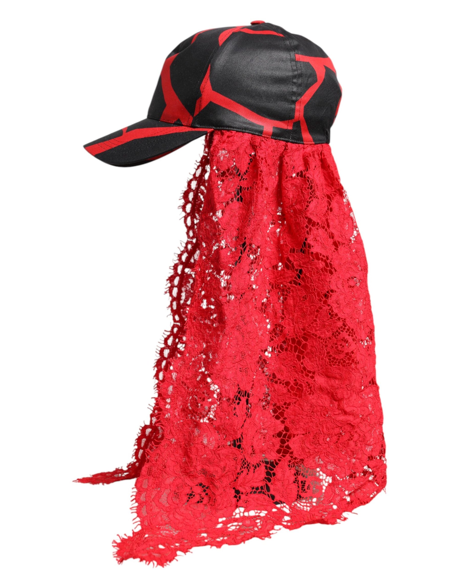Dolce & Gabbana Red Black Lace Tulle Cotton Baseball Cap | Regal Royce