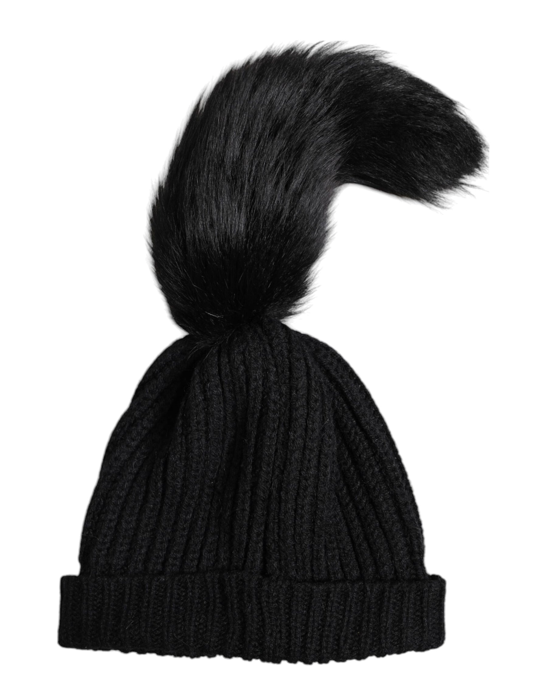 Dolce & Gabbana Black Acrylic Knitted Fur Winter Beanie Hat | Regal Royce