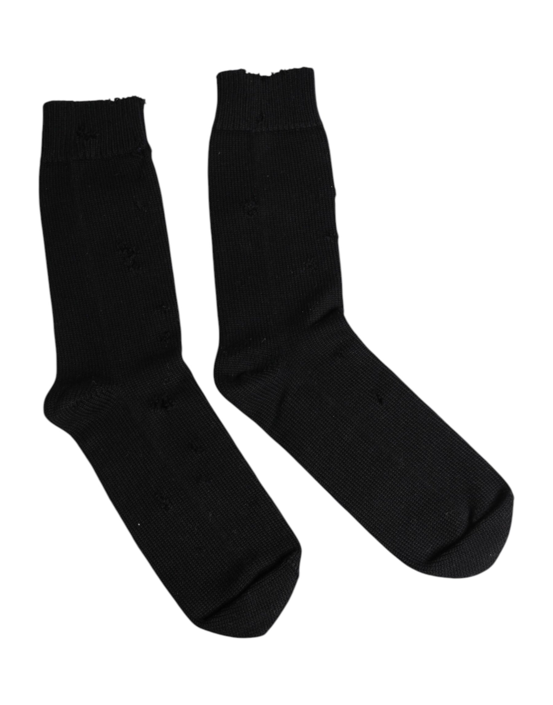 Dolce & Gabbana Black Solid Stretch Mid Calf Men Socks | Regal Royce