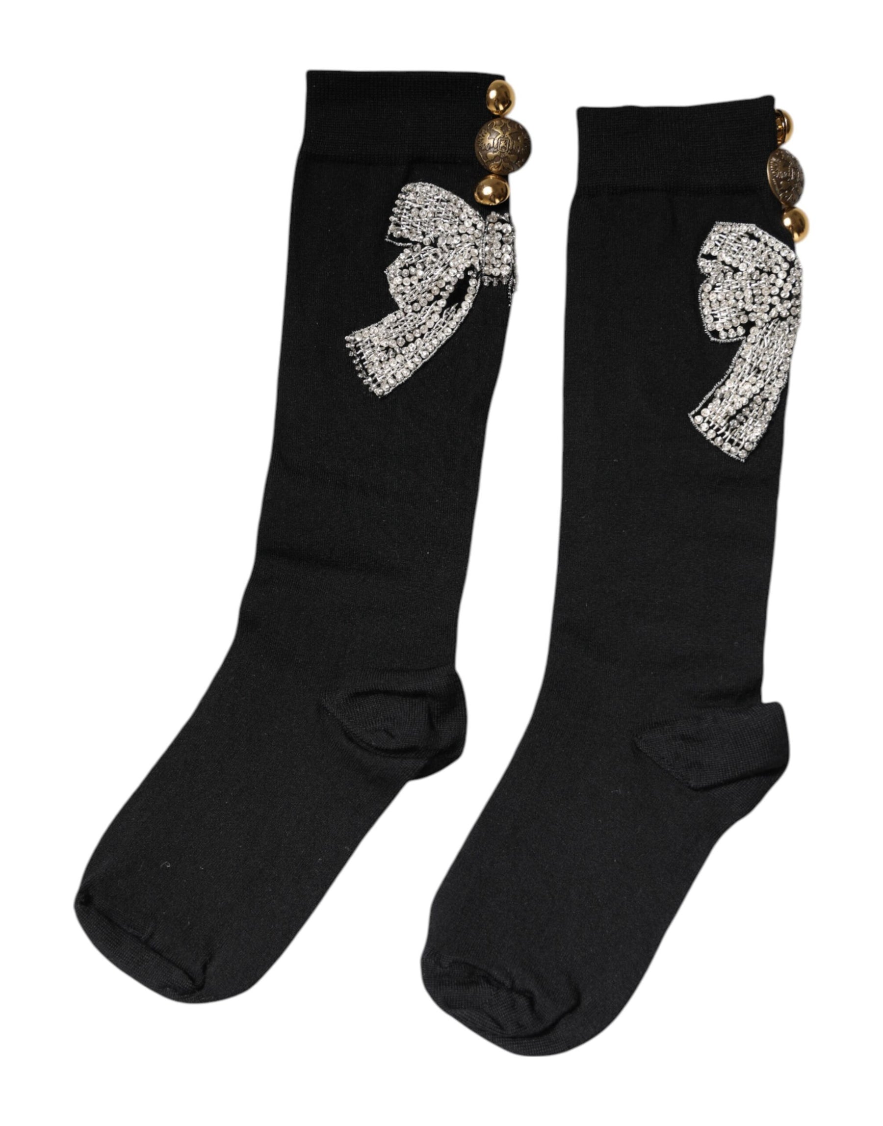 Dolce & Gabbana Black Knit Floral Crystal Embellishment Socks | Regal Royce