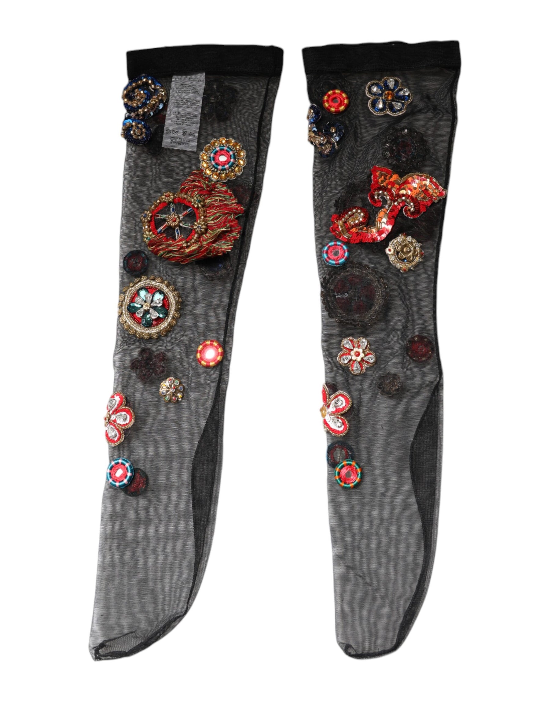 Dolce & Gabbana Black Stretch Carretto Crystal Stockings Socks | Regal Royce