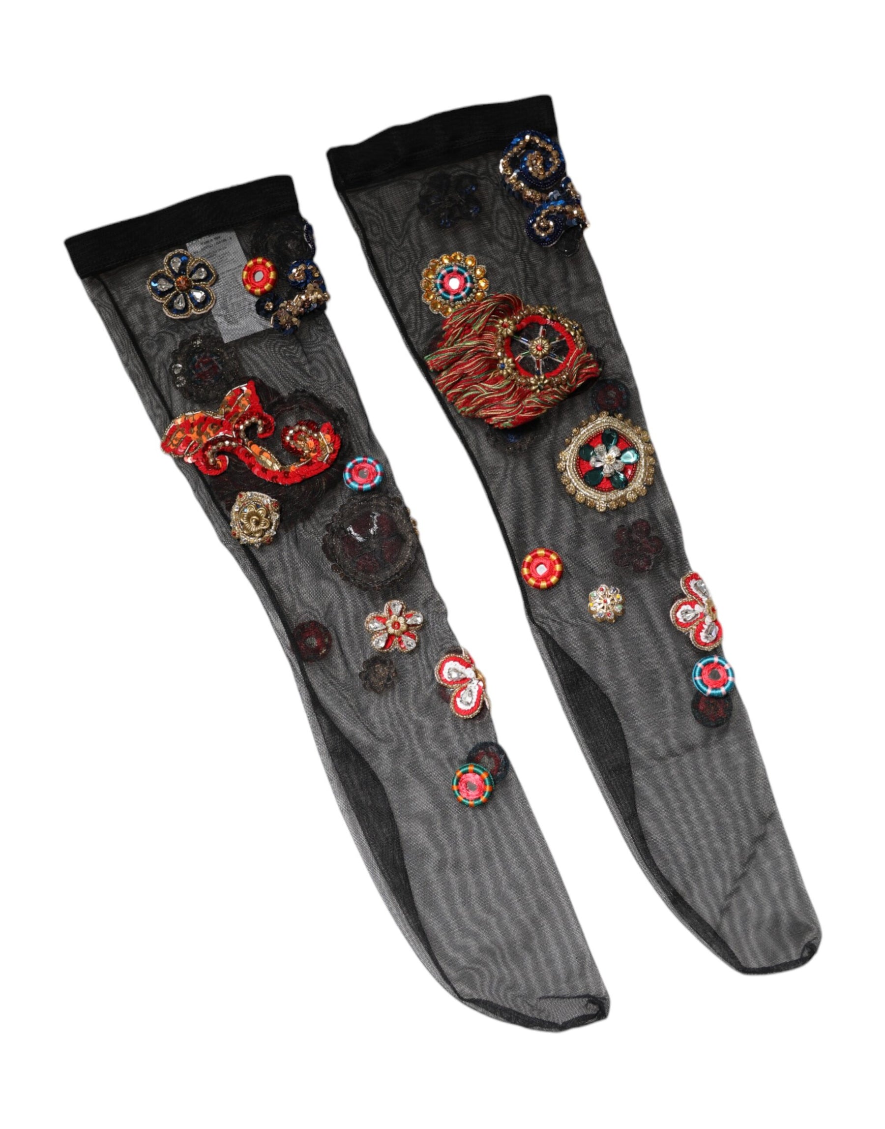 Dolce & Gabbana Black Stretch Carretto Crystal Stockings Socks | Regal Royce