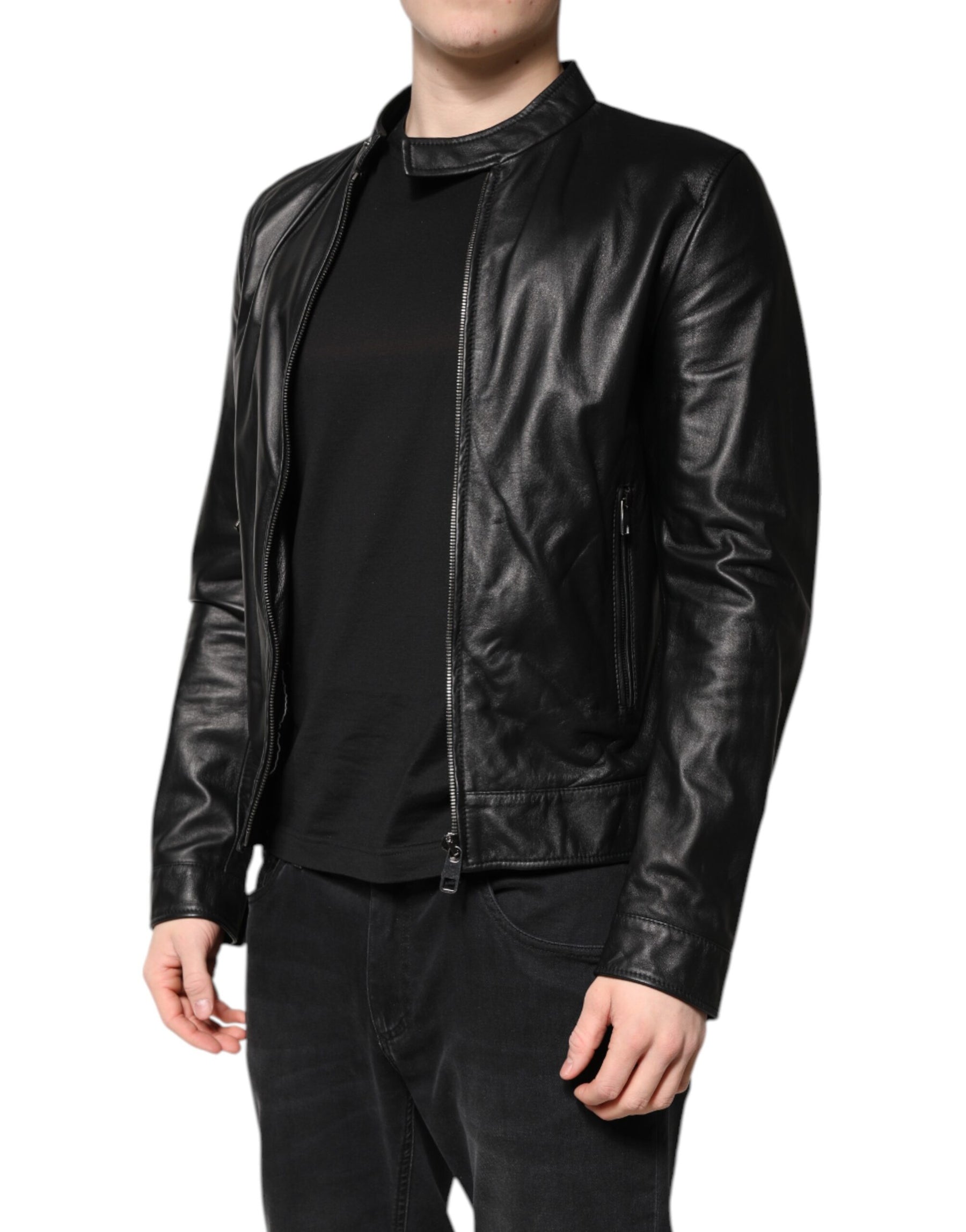 Dolce & Gabbana Black Sheep Leather Biker Full Zip Jacket | Regal Royce