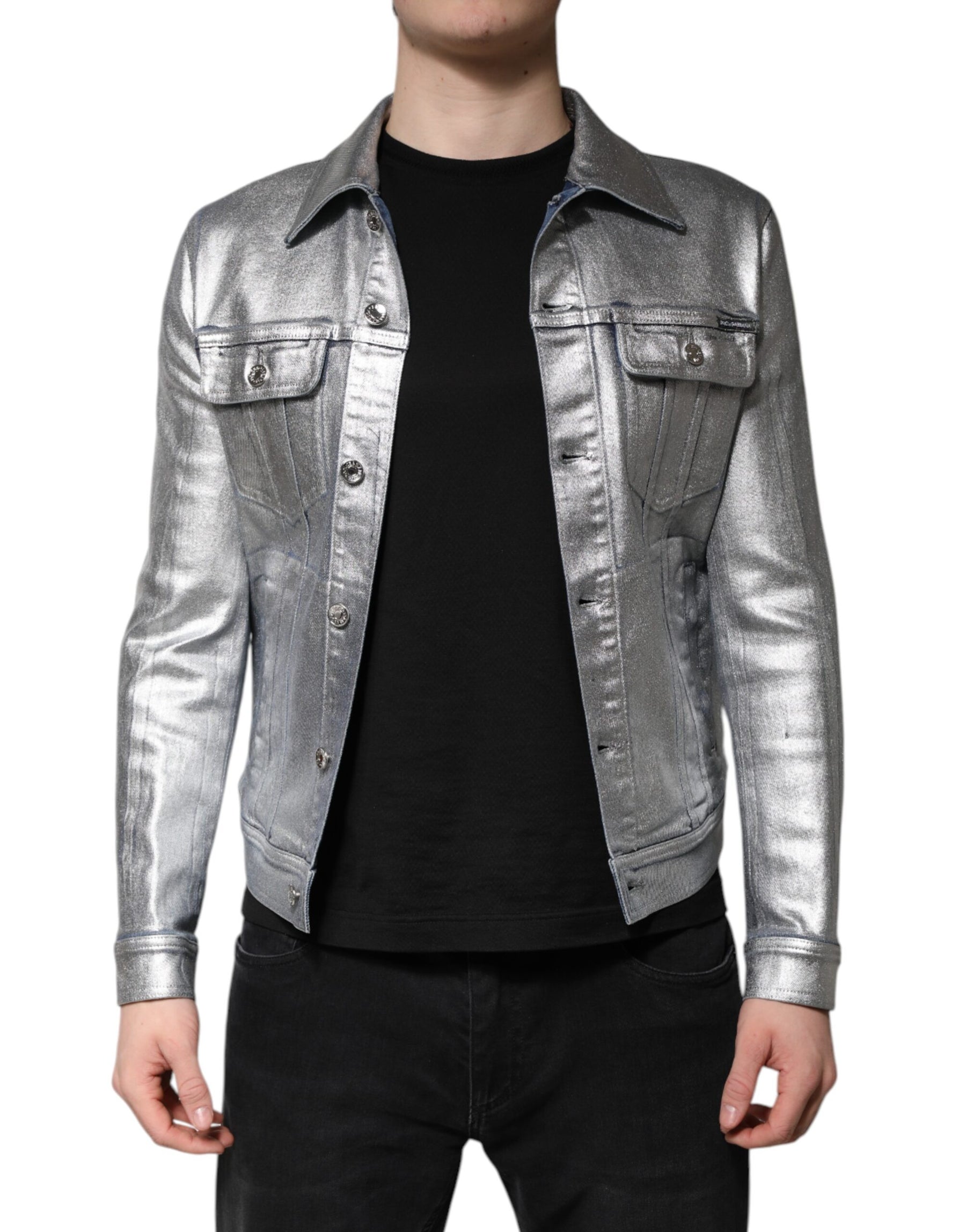 Dolce & Gabbana Silver Cotton Button Down Denim Biker Jacket | Regal Royce