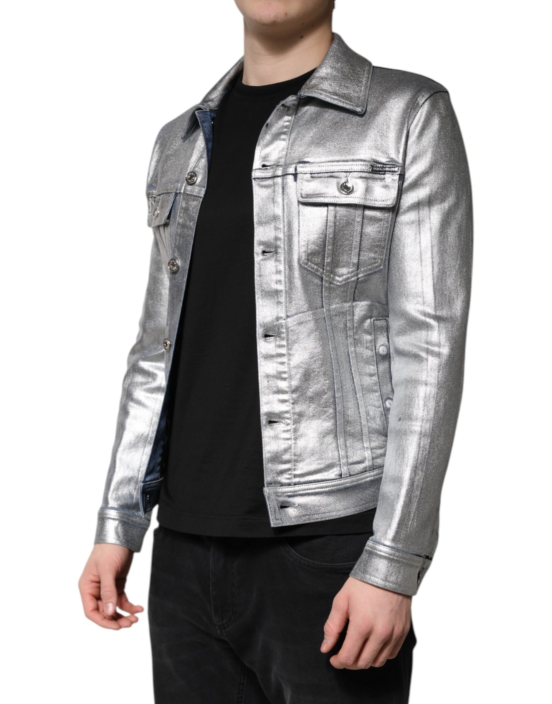 Dolce & Gabbana Silver Cotton Button Down Denim Biker Jacket | Regal Royce