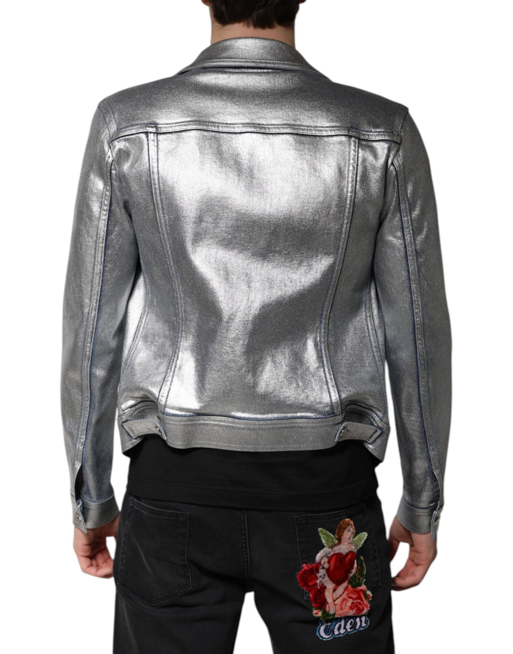 Dolce & Gabbana Silver Cotton Button Down Denim Biker Jacket | Regal Royce