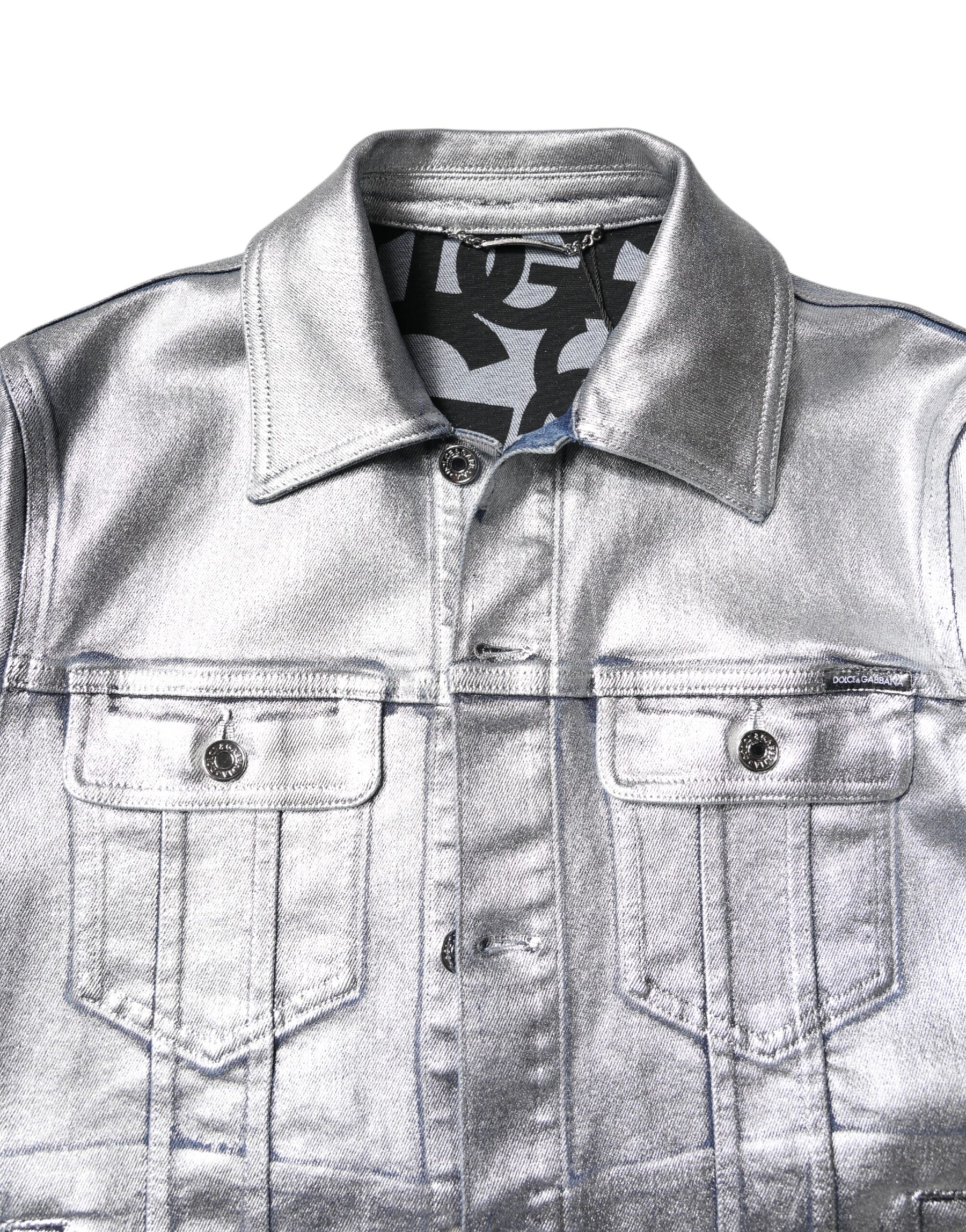 Dolce & Gabbana Silver Cotton Button Down Denim Biker Jacket | Regal Royce