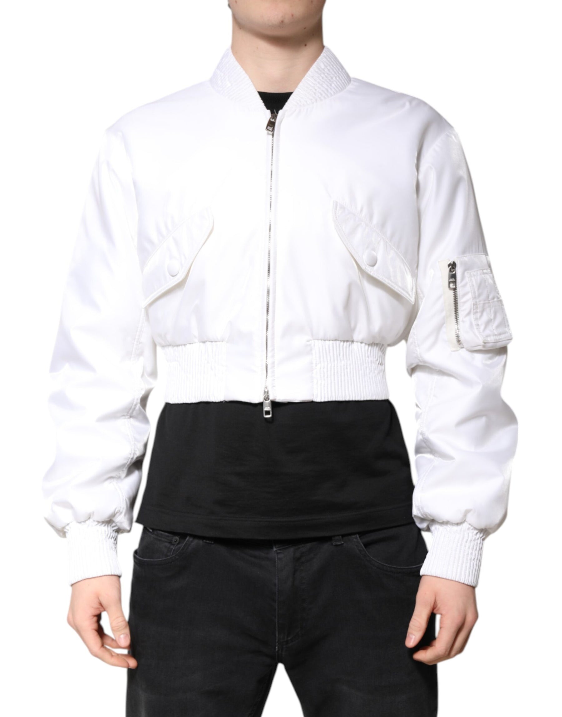 Dolce & Gabbana White Nylon Full Zip Cropped Bomber Jacket | Regal Royce
